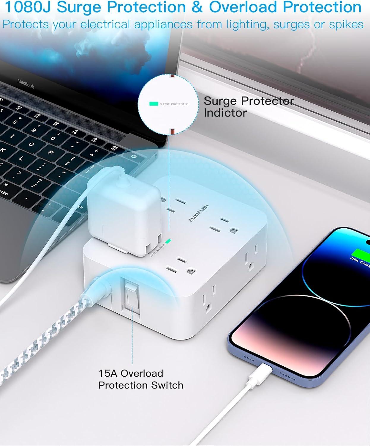 imageExtension Cord 6 Ft HANYCONY Surge Protector Power Strip Long Cord 8 Outlets 4 USB Ports2 USB C Wall Mount 1080J Surge Protection Desk Charging Station for for Home Office Dorm Room EssentialsWhite