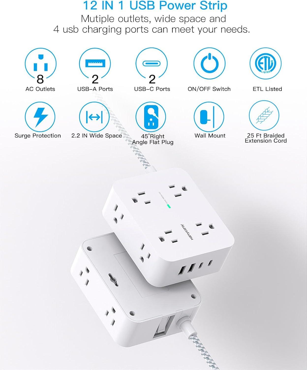 imageExtension Cord 6 Ft HANYCONY Surge Protector Power Strip Long Cord 8 Outlets 4 USB Ports2 USB C Wall Mount 1080J Surge Protection Desk Charging Station for for Home Office Dorm Room EssentialsWhite