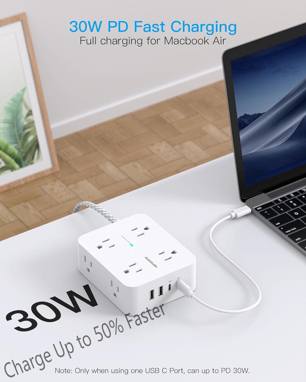 imageExtension Cord 6 Ft HANYCONY Surge Protector Power Strip Long Cord 8 Outlets 4 USB Ports2 USB C Wall Mount 1080J Surge Protection Desk Charging Station for for Home Office Dorm Room EssentialsWhitePD 30W