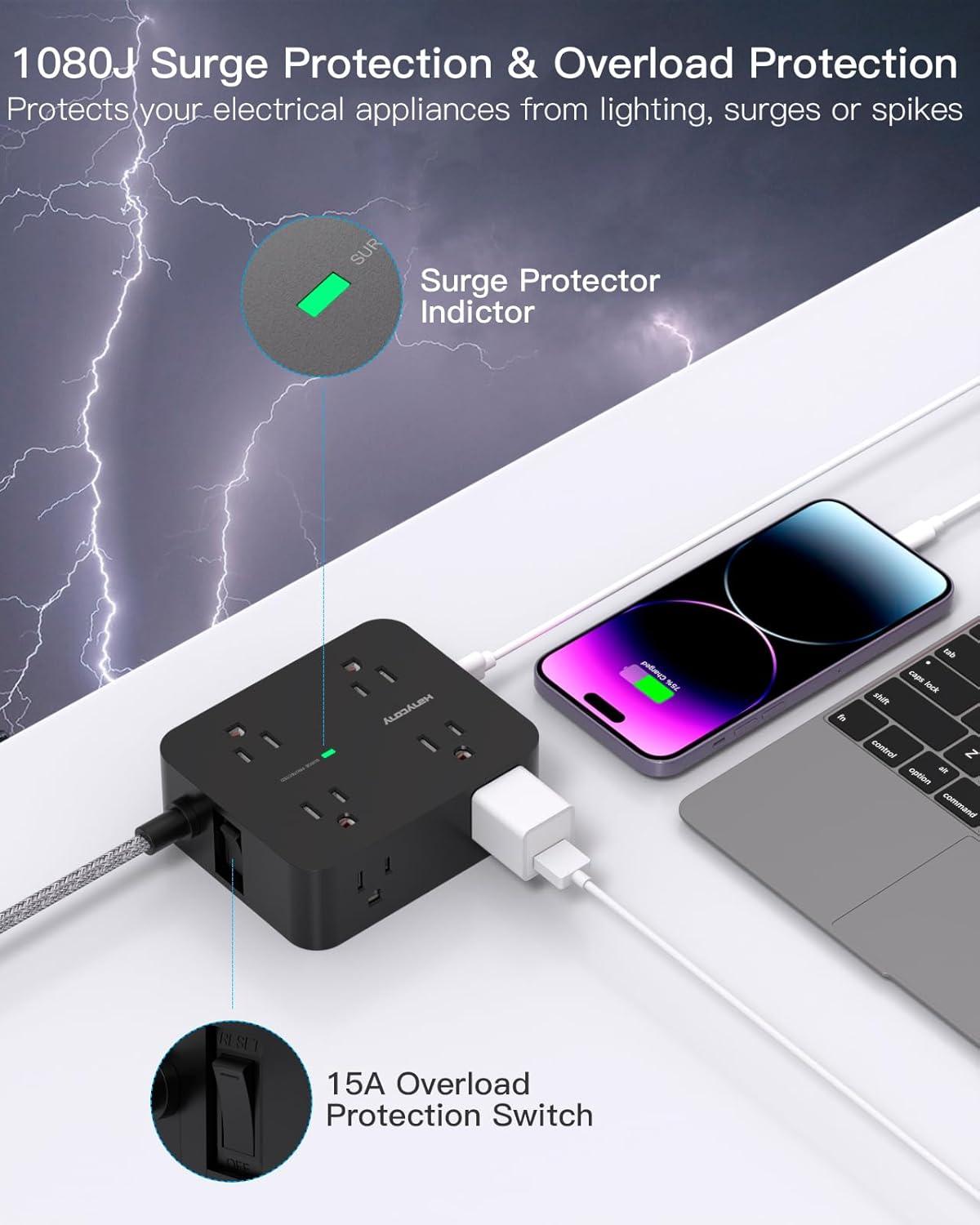 imageExtension Cord 6 Ft HANYCONY Surge Protector Power Strip Long Cord 8 Outlets 4 USB Ports2 USB C Wall Mount 1080J Surge Protection Desk Charging Station for for Home Office Dorm Room EssentialsBlack