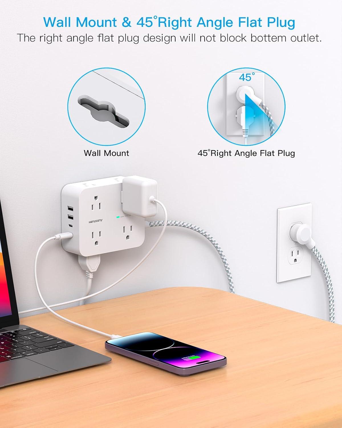 imageExtension Cord 6 Ft HANYCONY Surge Protector Power Strip Long Cord 8 Outlets 4 USB Ports2 USB C Wall Mount 1080J Surge Protection Desk Charging Station for for Home Office Dorm Room EssentialsWhite