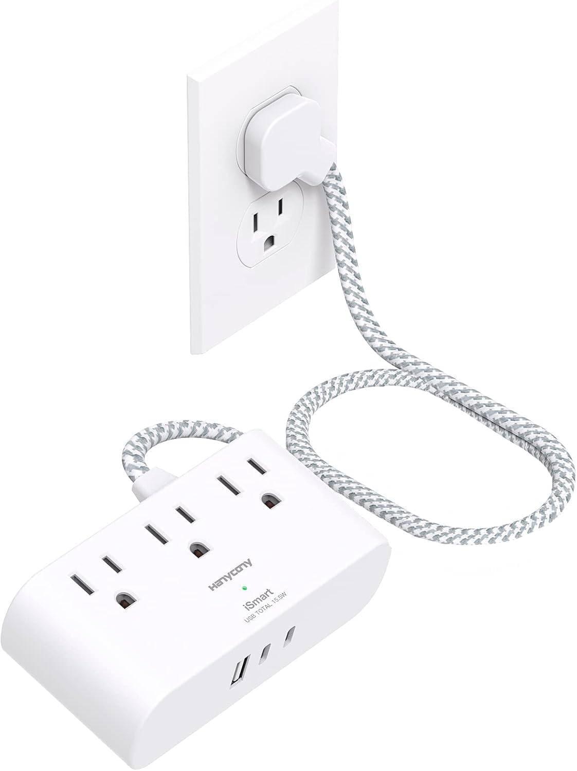 imageFlat Extension Cord 10 Ft HANYCONY Ultra Thin Flat Plug Power Strip 3 Outlets 3 USB Ports2 USB C Desk Charging Station Power Strip with No Surge Protector for Cruise Ship Dorm Room EssentialsWhite