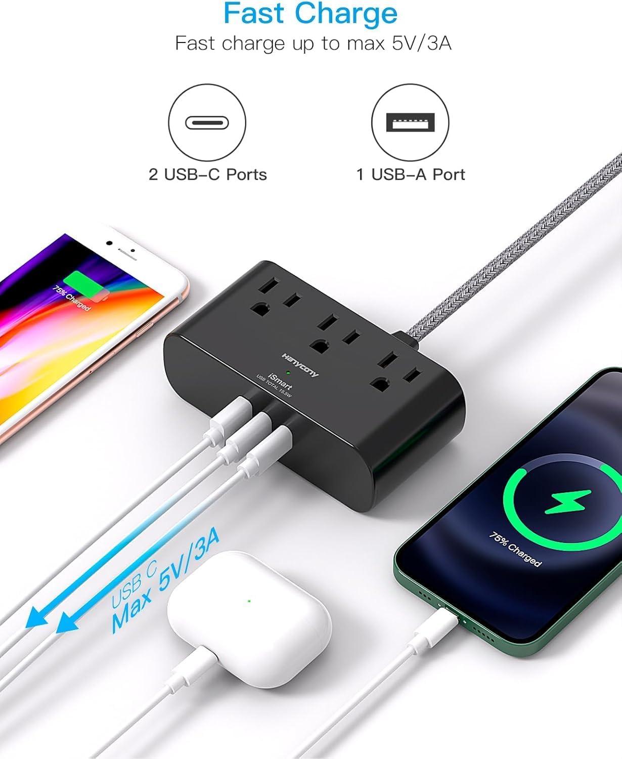 imageFlat Extension Cord 10 Ft HANYCONY Ultra Thin Flat Plug Power Strip 3 Outlets 3 USB Ports2 USB C Desk Charging Station Power Strip with No Surge Protector for Cruise Ship Dorm Room EssentialsBlack