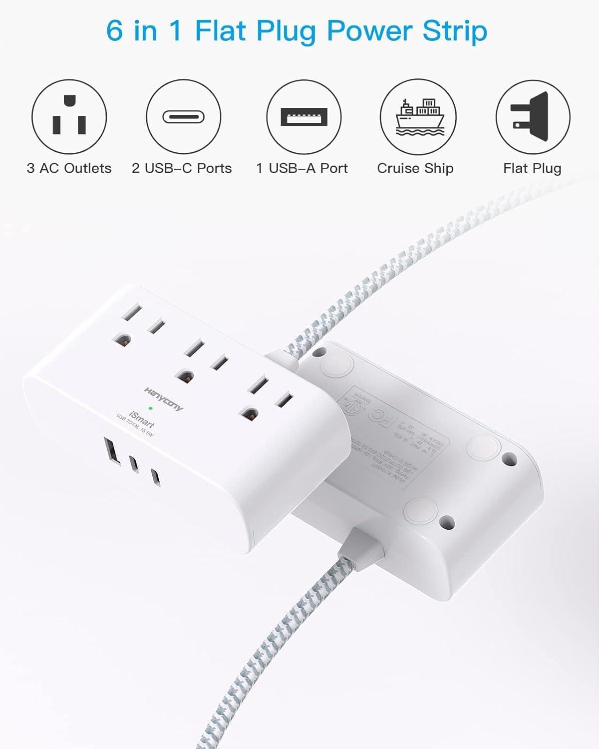 imageFlat Extension Cord 10 Ft HANYCONY Ultra Thin Flat Plug Power Strip 3 Outlets 3 USB Ports2 USB C Desk Charging Station Power Strip with No Surge Protector for Cruise Ship Dorm Room EssentialsWhite