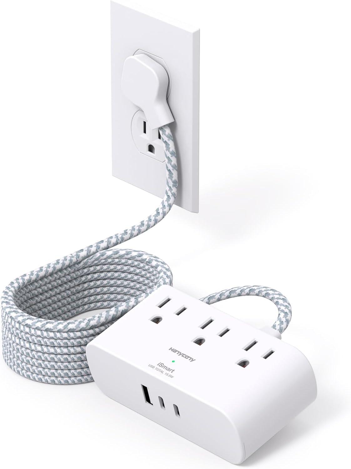 imageFlat Extension Cord 10 Ft HANYCONY Ultra Thin Flat Plug Power Strip 3 Outlets 3 USB Ports2 USB C Desk Charging Station Power Strip with No Surge Protector for Cruise Ship Dorm Room EssentialsWhite