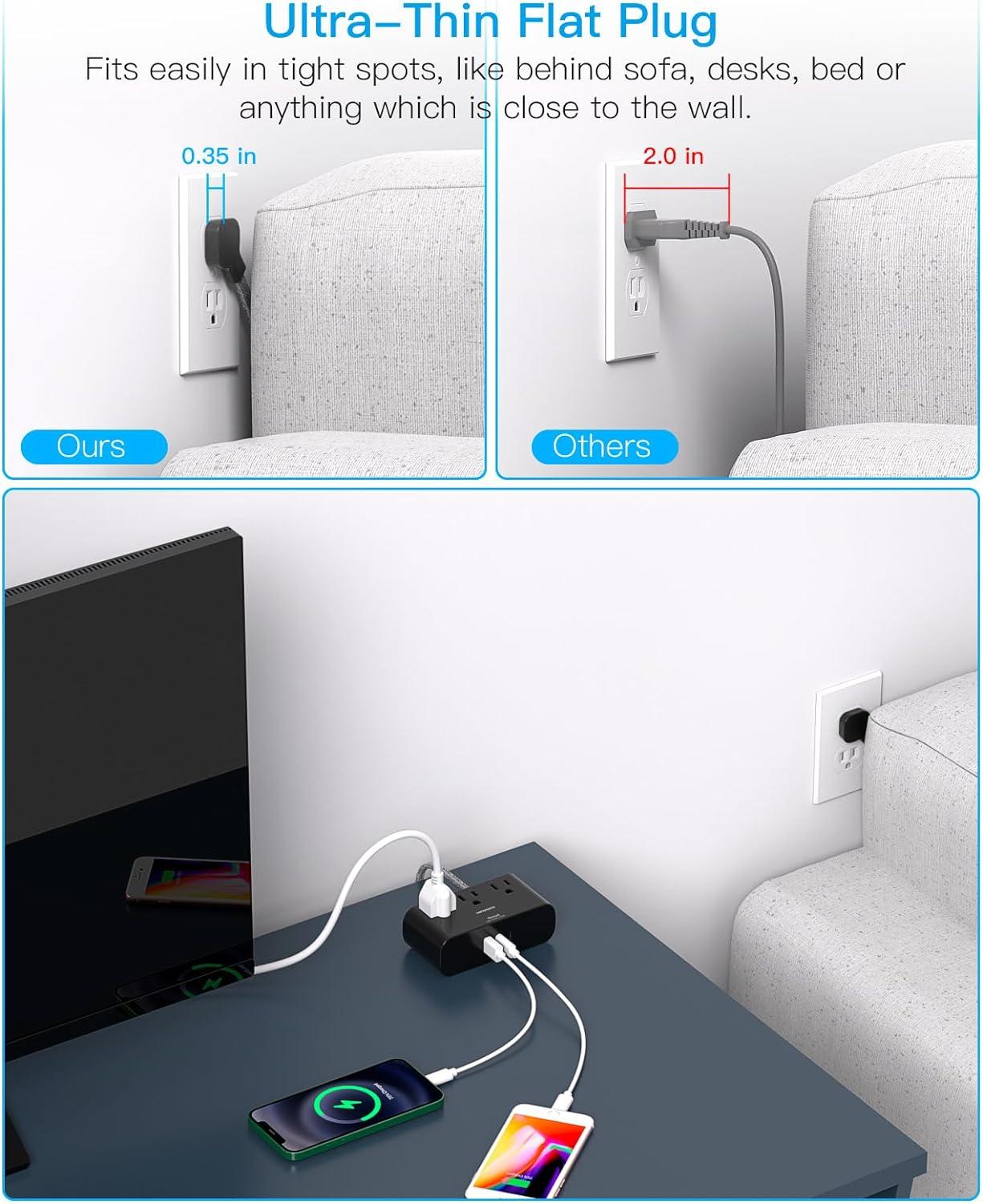 imageFlat Extension Cord 10 Ft HANYCONY Ultra Thin Flat Plug Power Strip 3 Outlets 3 USB Ports2 USB C Desk Charging Station Power Strip with No Surge Protector for Cruise Ship Dorm Room EssentialsBlack