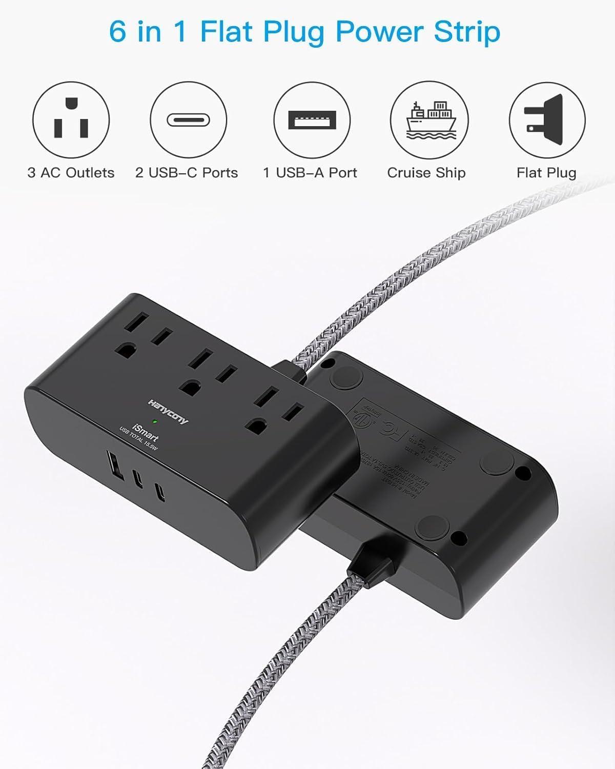 imageFlat Extension Cord 10 Ft HANYCONY Ultra Thin Flat Plug Power Strip 3 Outlets 3 USB Ports2 USB C Desk Charging Station Power Strip with No Surge Protector for Cruise Ship Dorm Room EssentialsBlack