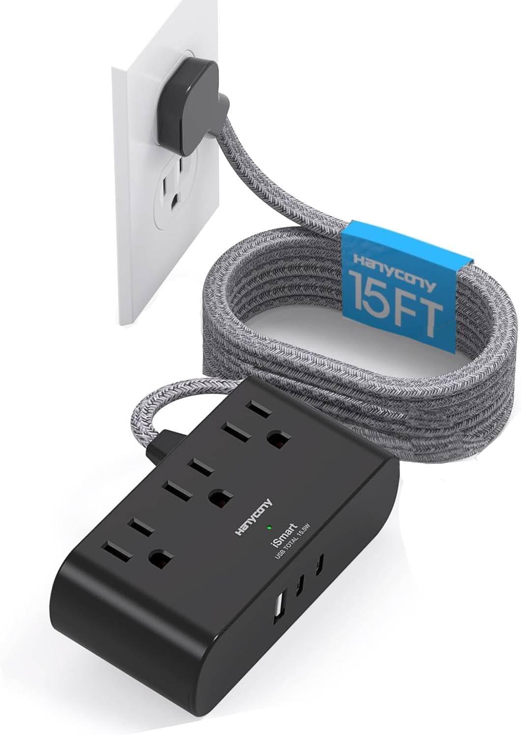 imageFlat Extension Cord 10 Ft HANYCONY Ultra Thin Flat Plug Power Strip 3 Outlets 3 USB Ports2 USB C Desk Charging Station Power Strip with No Surge Protector for Cruise Ship Dorm Room EssentialsBlack