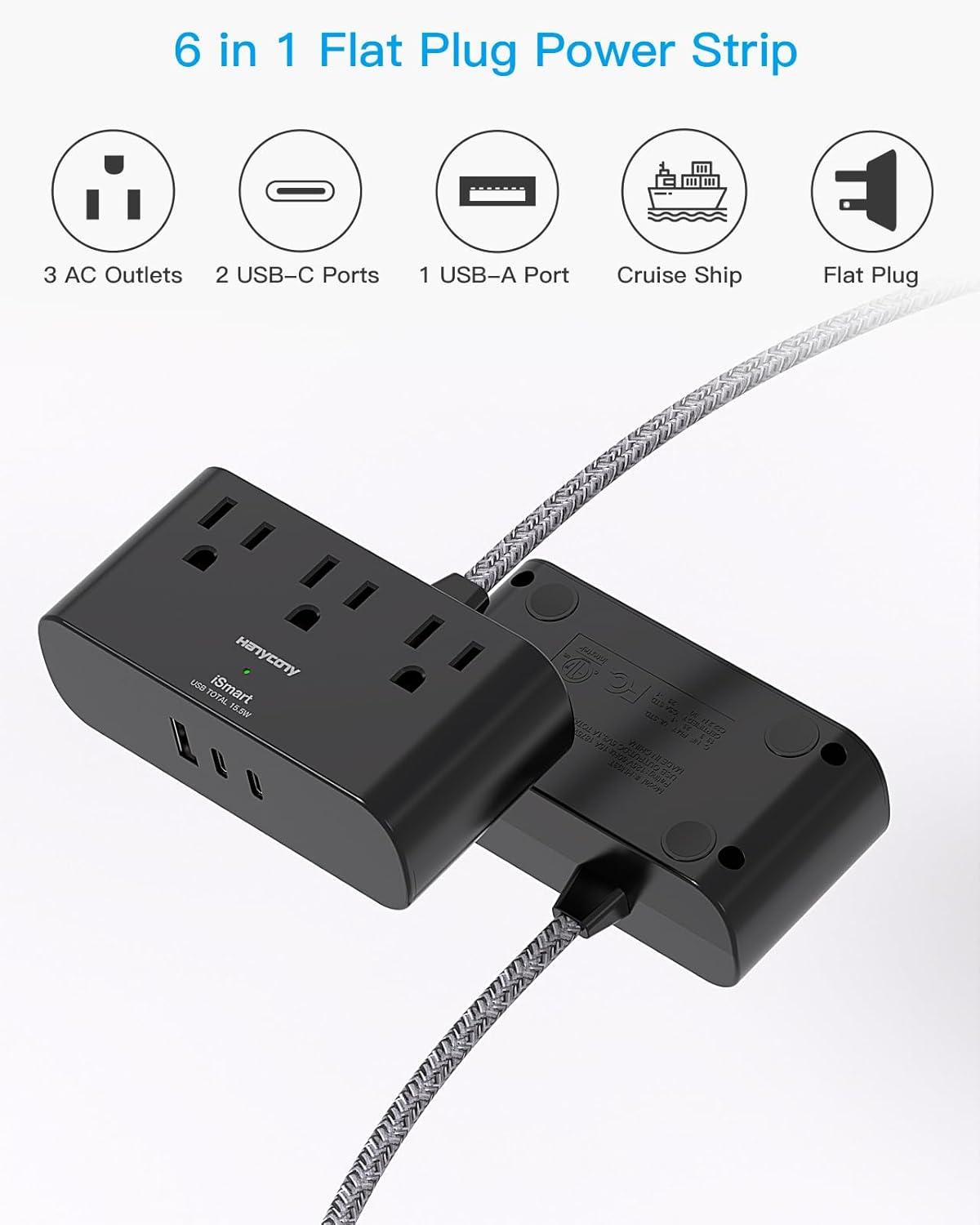 imageFlat Extension Cord 10 Ft HANYCONY Ultra Thin Flat Plug Power Strip 3 Outlets 3 USB Ports2 USB C Desk Charging Station Power Strip with No Surge Protector for Cruise Ship Dorm Room EssentialsBlack