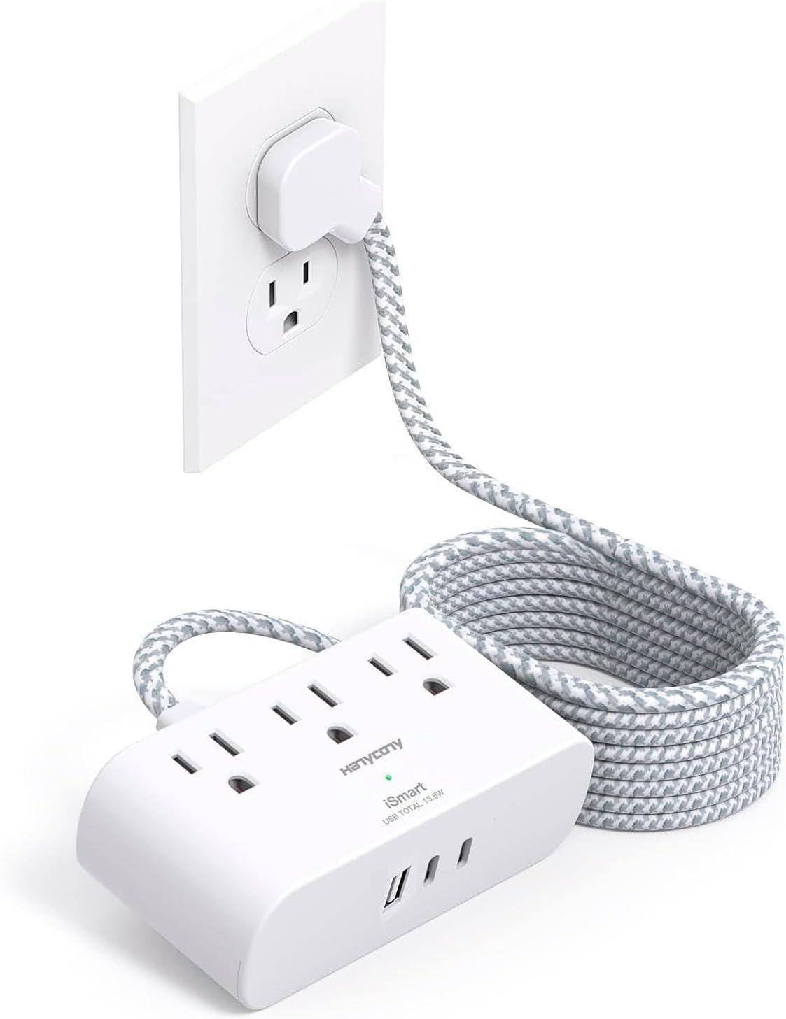 imageFlat Extension Cord 10 Ft HANYCONY Ultra Thin Flat Plug Power Strip 3 Outlets 3 USB Ports2 USB C Desk Charging Station Power Strip with No Surge Protector for Cruise Ship Dorm Room EssentialsWhite