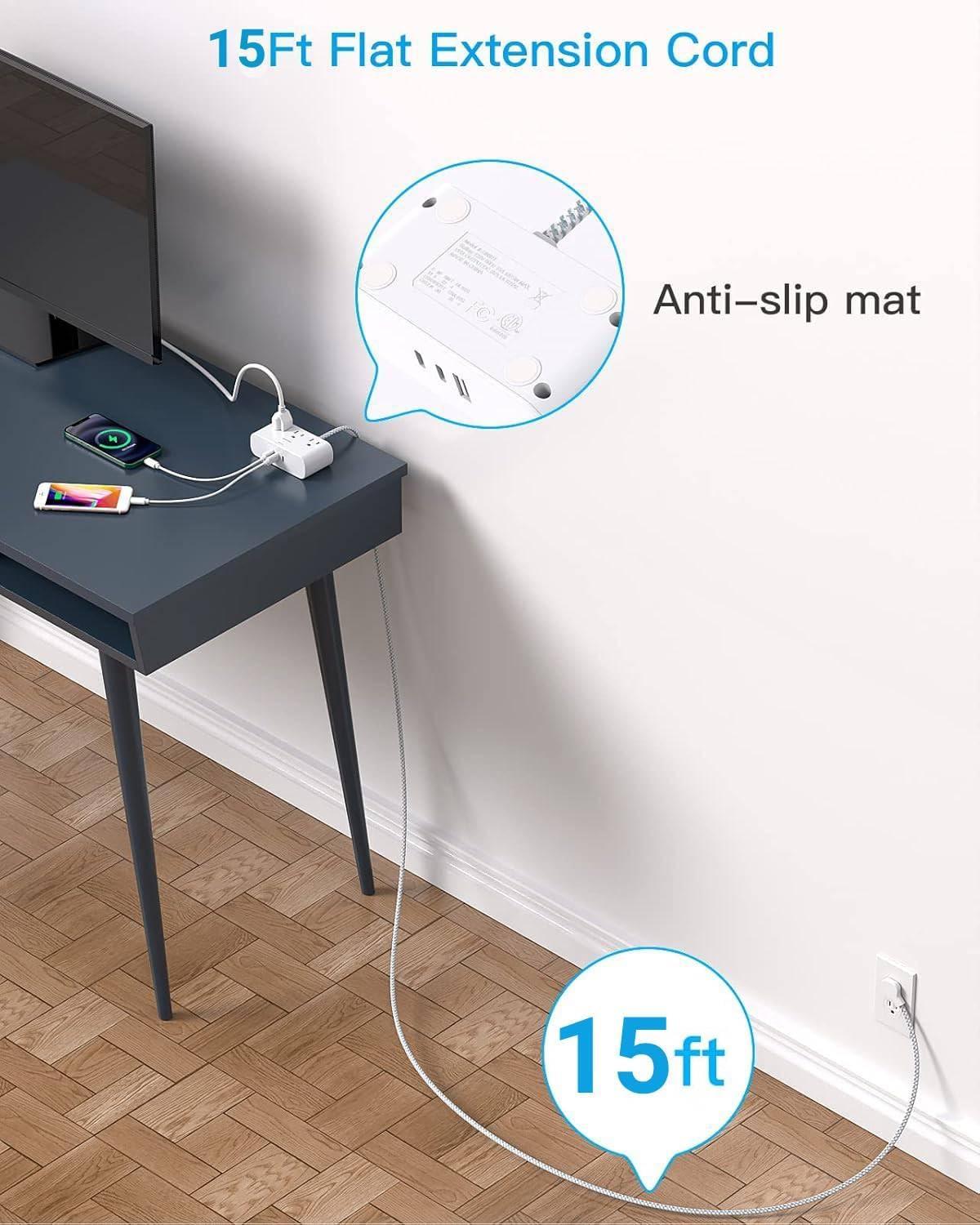 imageFlat Extension Cord 10 Ft HANYCONY Ultra Thin Flat Plug Power Strip 3 Outlets 3 USB Ports2 USB C Desk Charging Station Power Strip with No Surge Protector for Cruise Ship Dorm Room EssentialsWhite