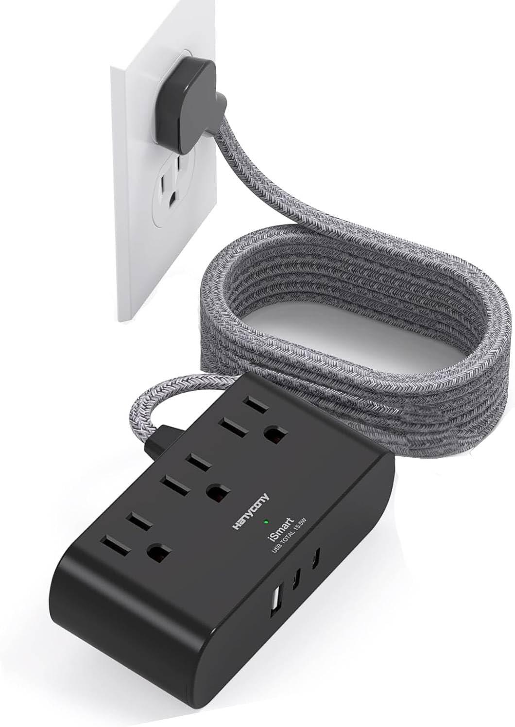 imageFlat Extension Cord 10 Ft HANYCONY Ultra Thin Flat Plug Power Strip 3 Outlets 3 USB Ports2 USB C Desk Charging Station Power Strip with No Surge Protector for Cruise Ship Dorm Room EssentialsBlack