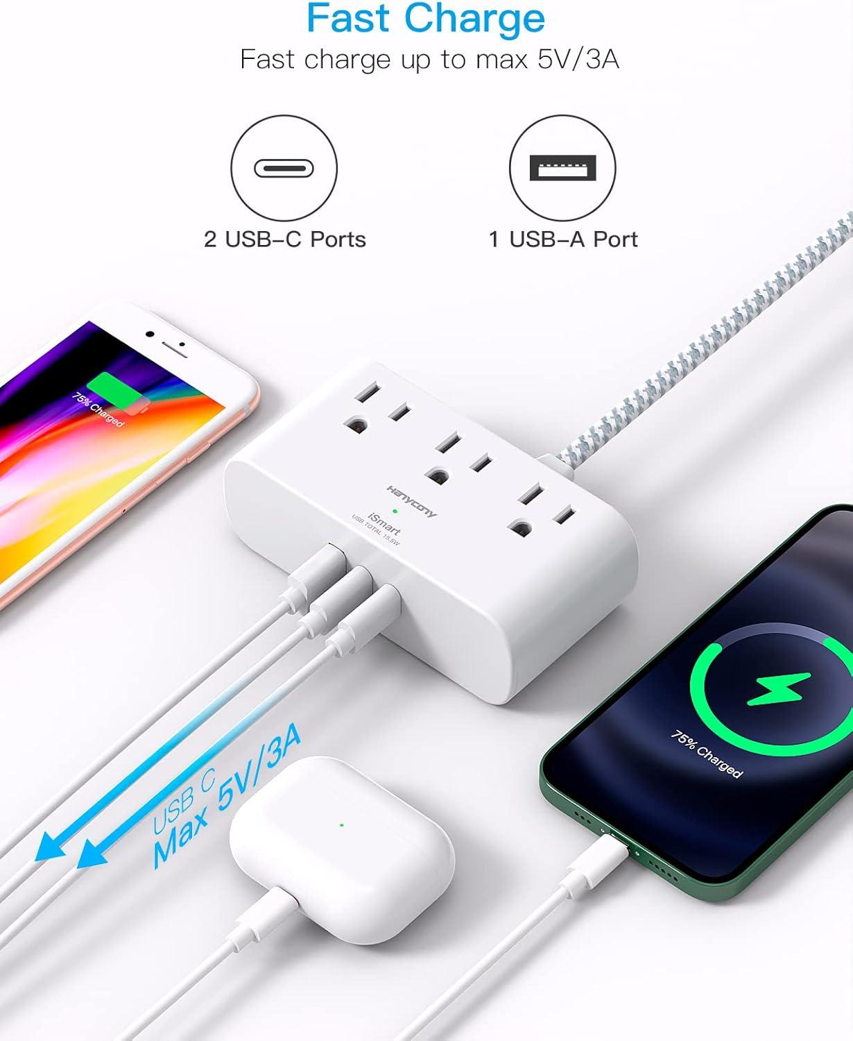 imageFlat Extension Cord 10 Ft HANYCONY Ultra Thin Flat Plug Power Strip 3 Outlets 3 USB Ports2 USB C Desk Charging Station Power Strip with No Surge Protector for Cruise Ship Dorm Room EssentialsWhite