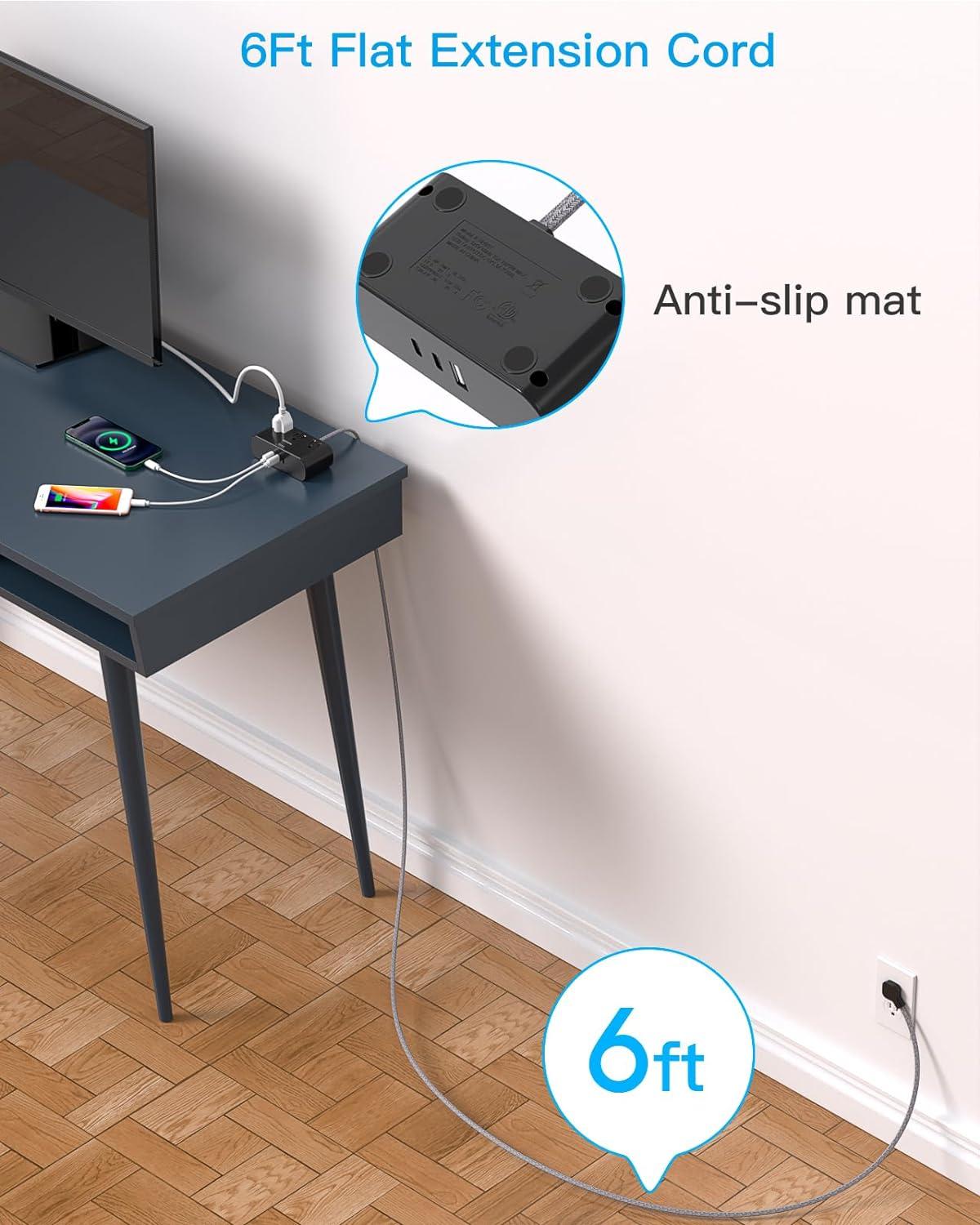 imageFlat Extension Cord 10 Ft HANYCONY Ultra Thin Flat Plug Power Strip 3 Outlets 3 USB Ports2 USB C Desk Charging Station Power Strip with No Surge Protector for Cruise Ship Dorm Room EssentialsBlack