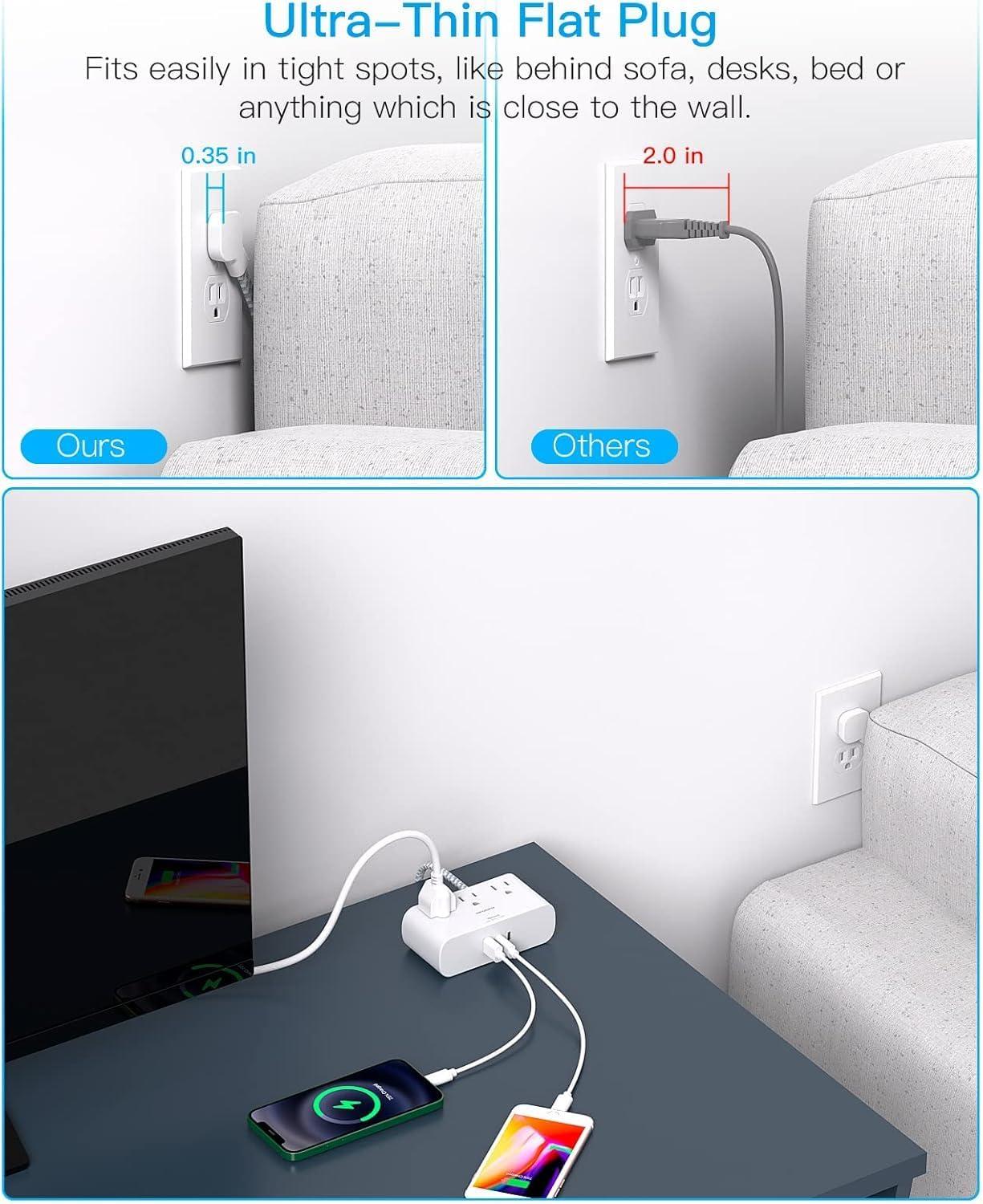 imageFlat Extension Cord 10 Ft HANYCONY Ultra Thin Flat Plug Power Strip 3 Outlets 3 USB Ports2 USB C Desk Charging Station Power Strip with No Surge Protector for Cruise Ship Dorm Room EssentialsWhite