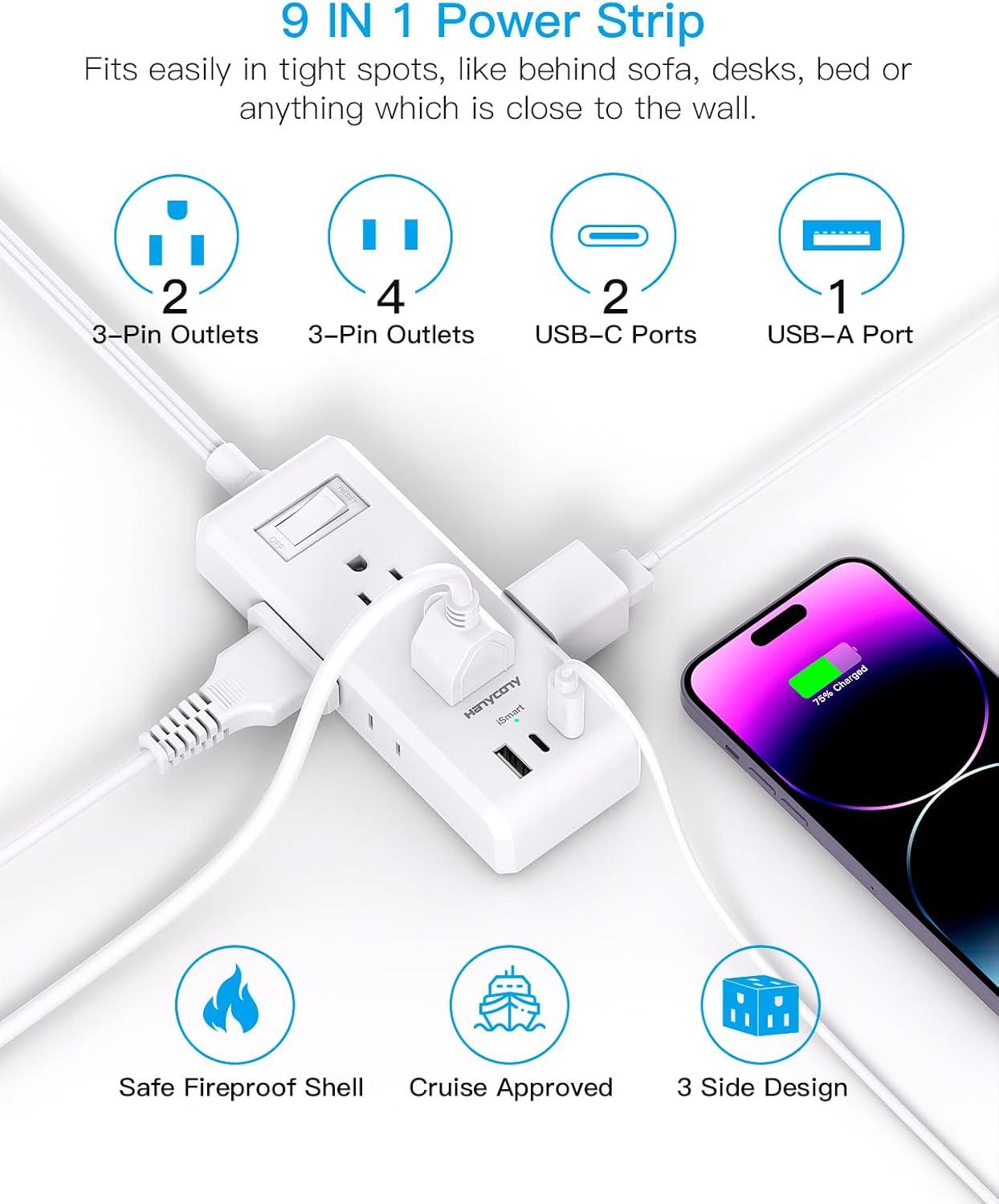 imageFlat Plug Power Strip HANYCONY Ultra Thin Extension Cord 6 Outlets 3 USB Ports2 USB C 5ft Multiple Outlet Extender with Wall Mount No Surge Protector for Dorm Room Cruise Travel EssentialsWhite
