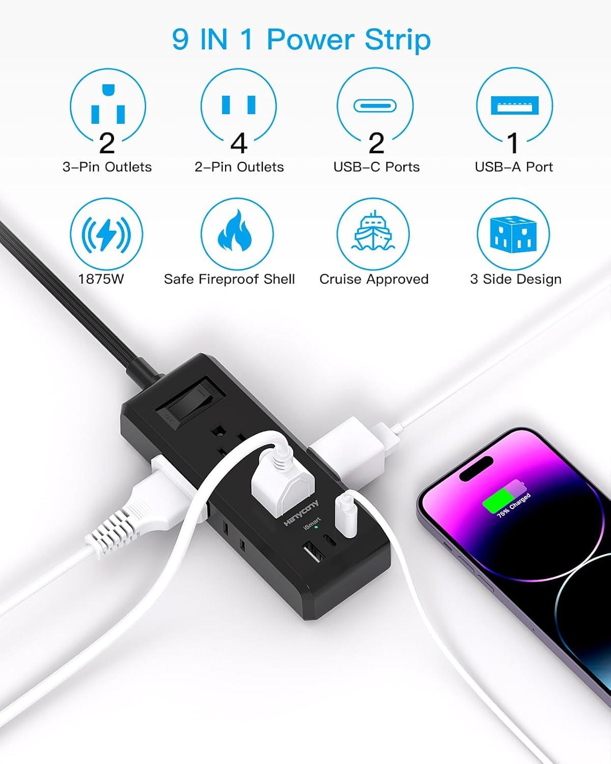 imageFlat Plug Power Strip HANYCONY Ultra Thin Extension Cord 6 Outlets 3 USB Ports2 USB C 5ft Multiple Outlet Extender with Wall Mount No Surge Protector for Dorm Room Cruise Travel EssentialsBlack