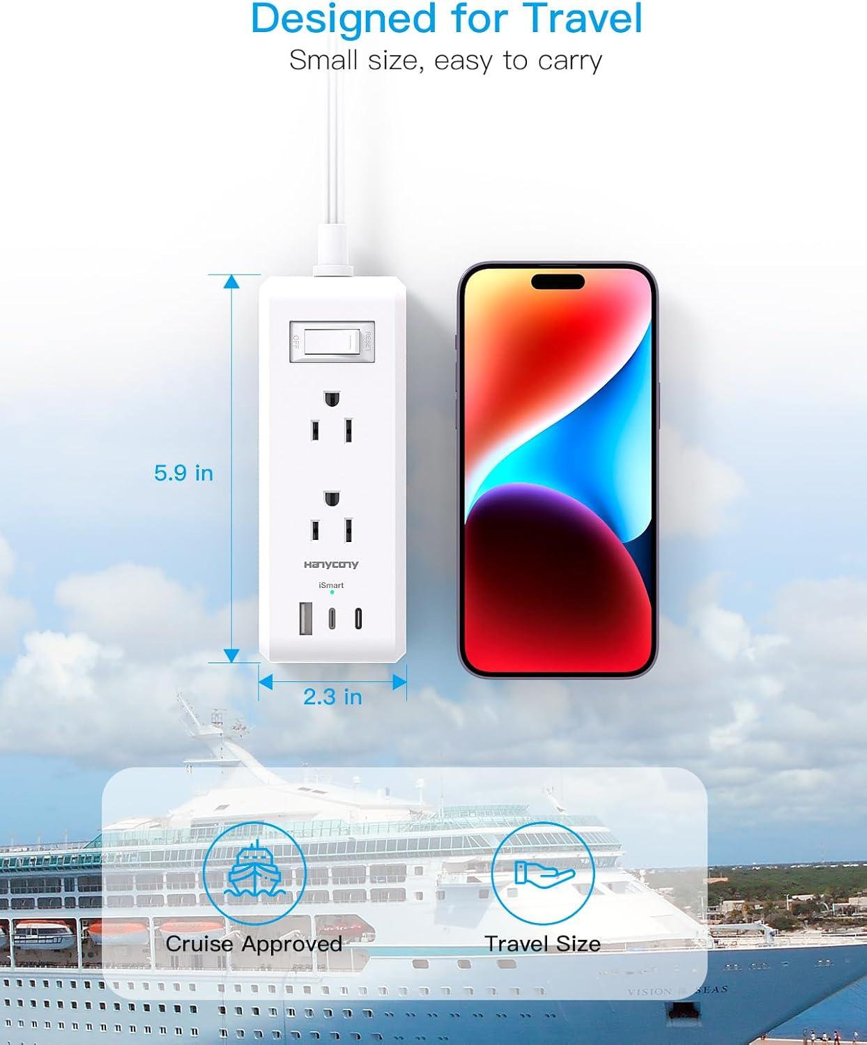 imageFlat Plug Power Strip HANYCONY Ultra Thin Extension Cord 6 Outlets 3 USB Ports2 USB C 5ft Multiple Outlet Extender with Wall Mount No Surge Protector for Dorm Room Cruise Travel EssentialsWhite