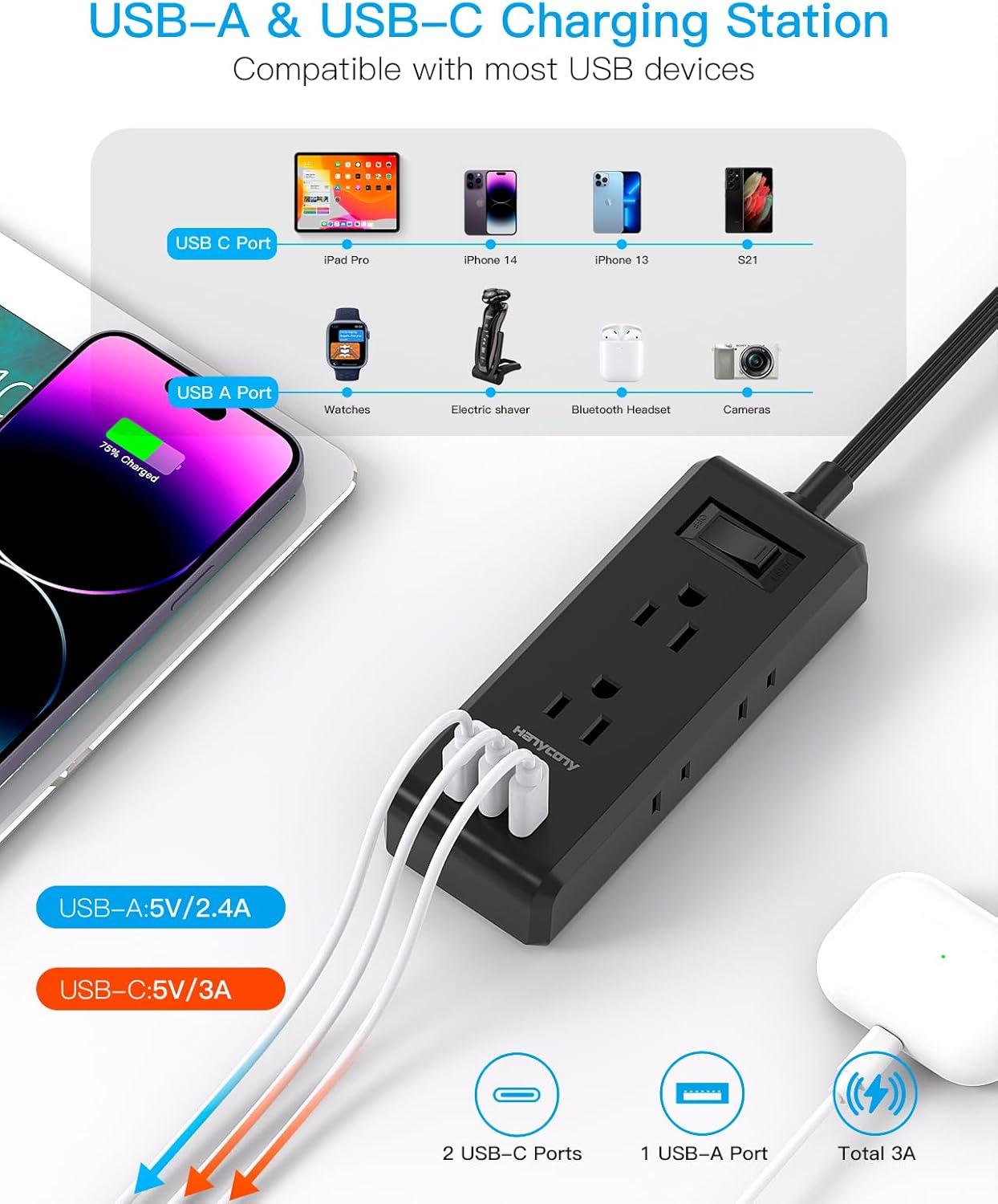 imageFlat Plug Power Strip HANYCONY Ultra Thin Extension Cord 6 Outlets 3 USB Ports2 USB C 5ft Multiple Outlet Extender with Wall Mount No Surge Protector for Dorm Room Cruise Travel EssentialsBlack