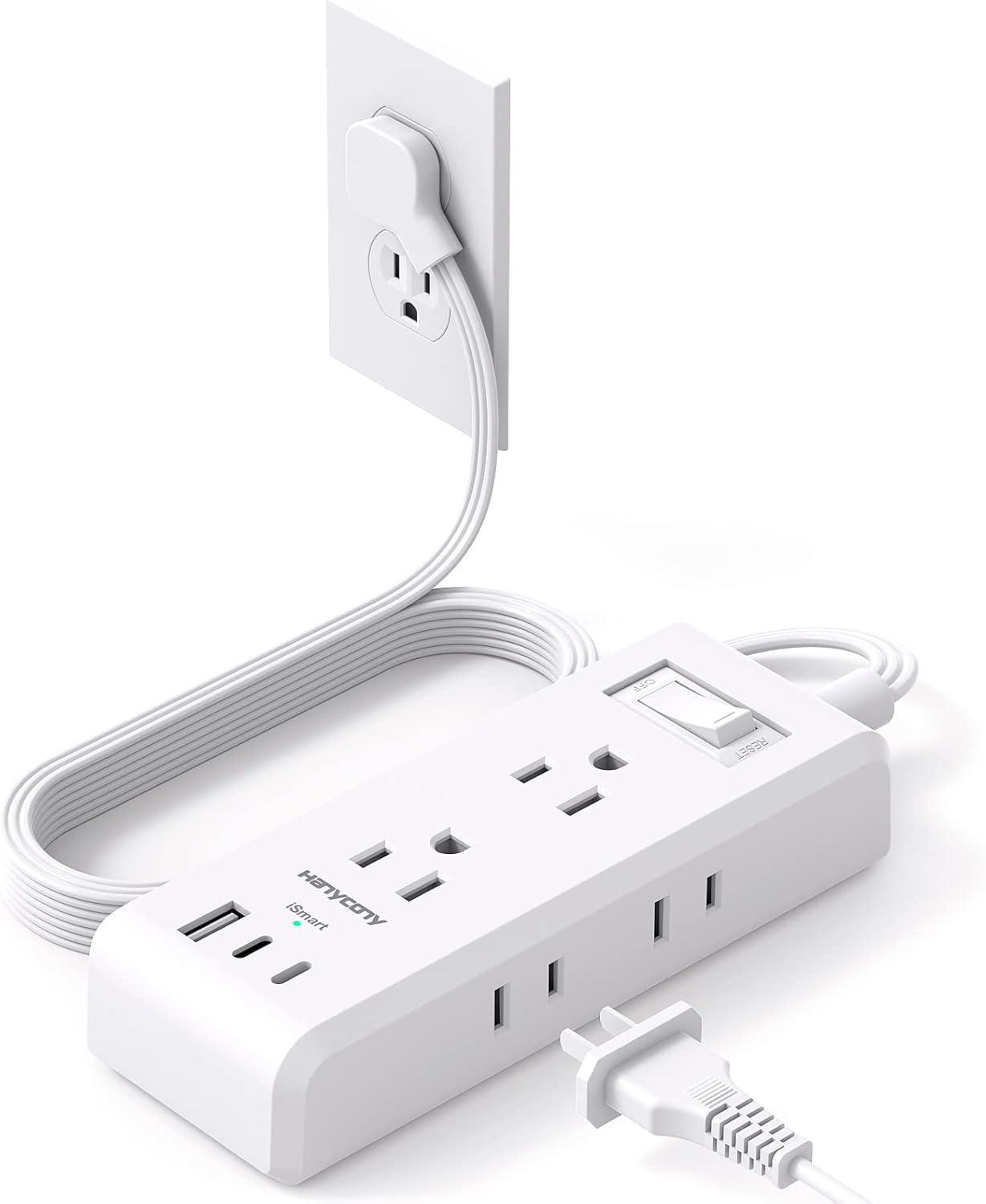 imageFlat Plug Power Strip HANYCONY Ultra Thin Extension Cord 6 Outlets 3 USB Ports2 USB C 5ft Multiple Outlet Extender with Wall Mount No Surge Protector for Dorm Room Cruise Travel EssentialsWhite