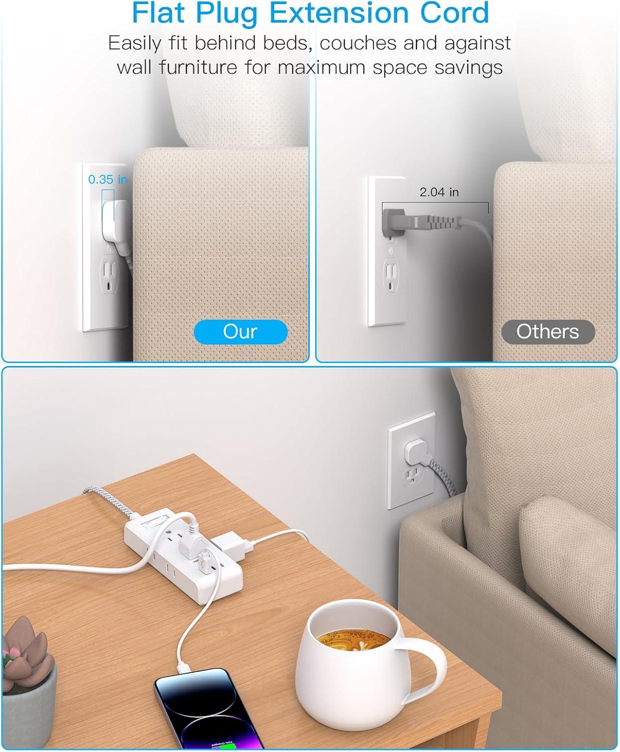 imageFlat Plug Power Strip HANYCONY Ultra Thin Extension Cord 6 Outlets 3 USB Ports2 USB C 5ft Multiple Outlet Extender with Wall Mount No Surge Protector for Dorm Room Cruise Travel EssentialsWhite