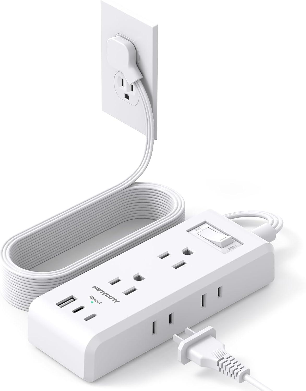 imageFlat Plug Power Strip HANYCONY Ultra Thin Extension Cord 6 Outlets 3 USB Ports2 USB C 5ft Multiple Outlet Extender with Wall Mount No Surge Protector for Dorm Room Cruise Travel EssentialsWhite