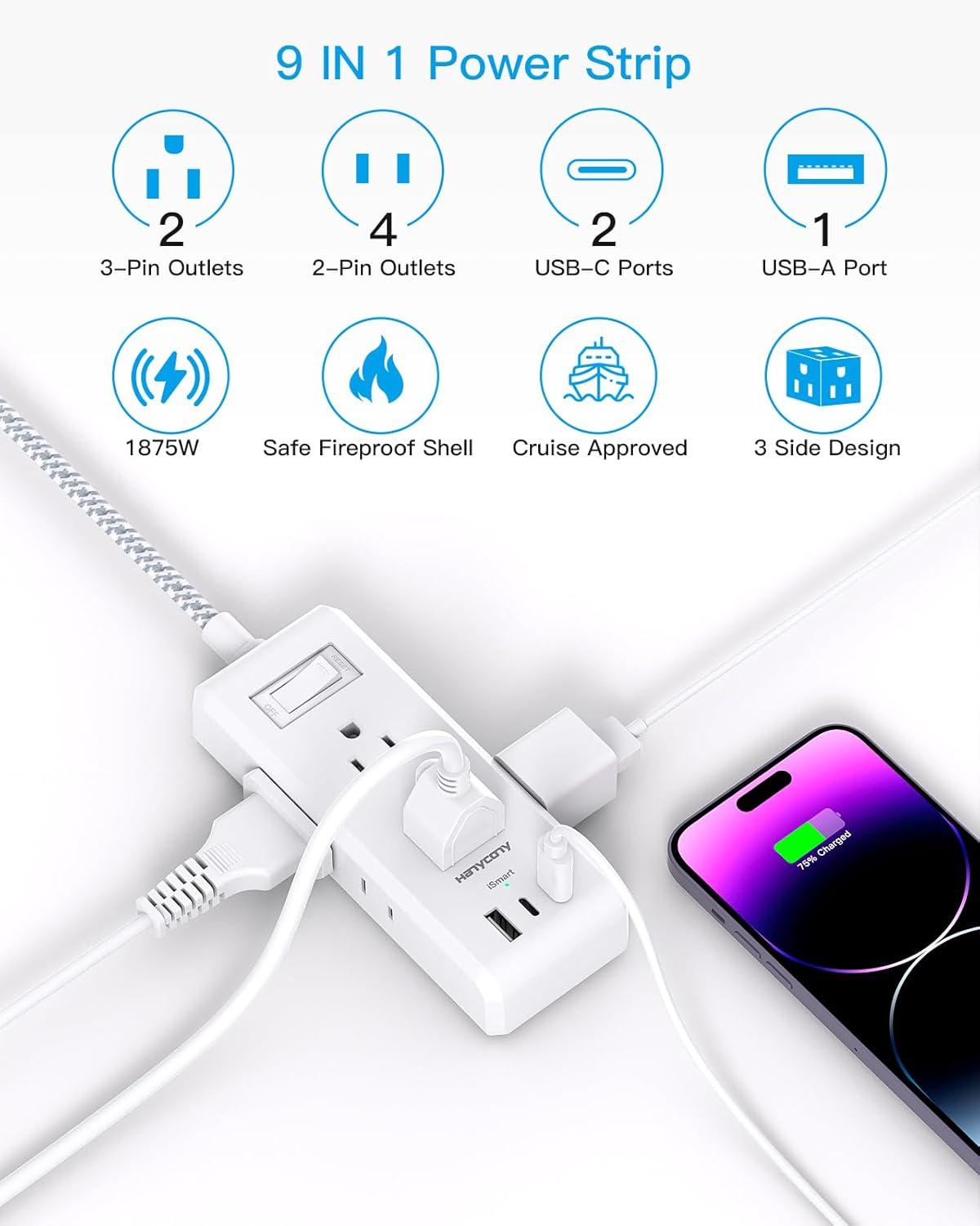 imageFlat Plug Power Strip HANYCONY Ultra Thin Extension Cord 6 Outlets 3 USB Ports2 USB C 5ft Multiple Outlet Extender with Wall Mount No Surge Protector for Dorm Room Cruise Travel EssentialsWhite