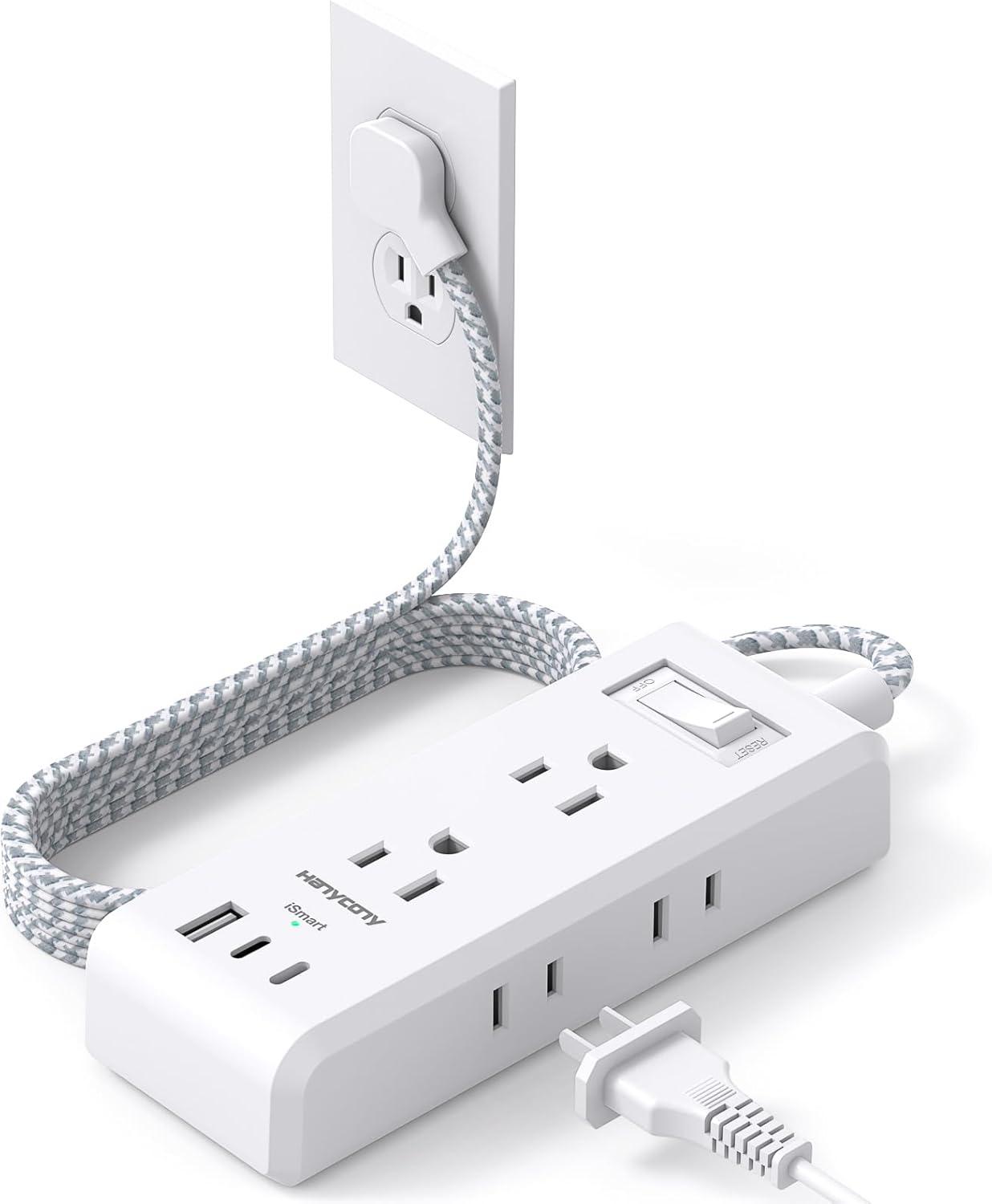 imageFlat Plug Power Strip HANYCONY Ultra Thin Extension Cord 6 Outlets 3 USB Ports2 USB C 5ft Multiple Outlet Extender with Wall Mount No Surge Protector for Dorm Room Cruise Travel EssentialsWhite