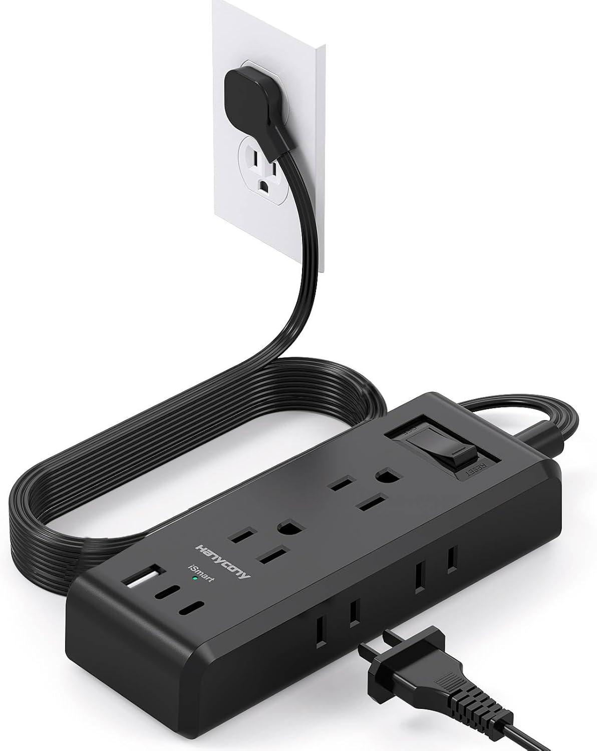 imageFlat Plug Power Strip HANYCONY Ultra Thin Extension Cord 6 Outlets 3 USB Ports2 USB C 5ft Multiple Outlet Extender with Wall Mount No Surge Protector for Dorm Room Cruise Travel EssentialsBlack
