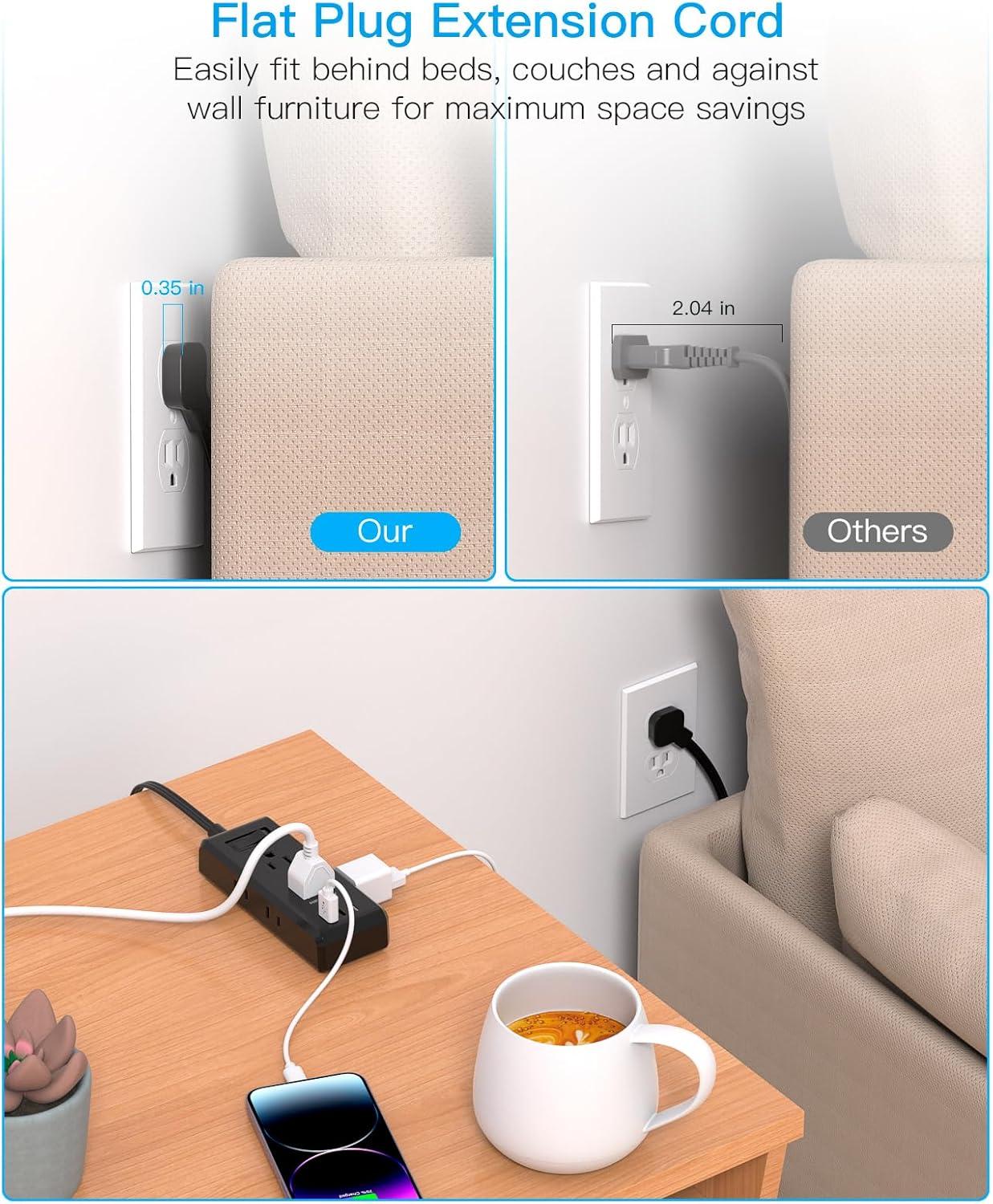 imageFlat Plug Power Strip HANYCONY Ultra Thin Extension Cord 6 Outlets 3 USB Ports2 USB C 5ft Multiple Outlet Extender with Wall Mount No Surge Protector for Dorm Room Cruise Travel EssentialsBlack