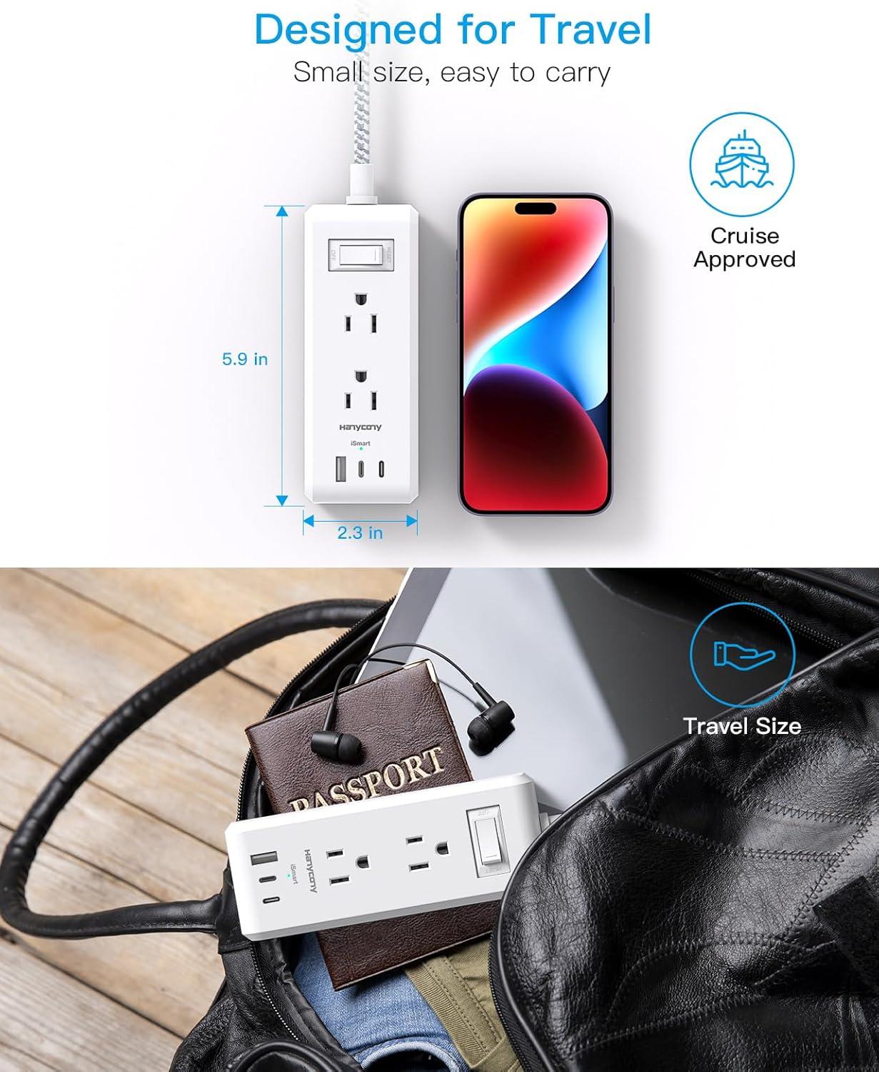 imageFlat Plug Power Strip HANYCONY Ultra Thin Extension Cord 6 Outlets 3 USB Ports2 USB C 5ft Multiple Outlet Extender with Wall Mount No Surge Protector for Dorm Room Cruise Travel EssentialsWhite