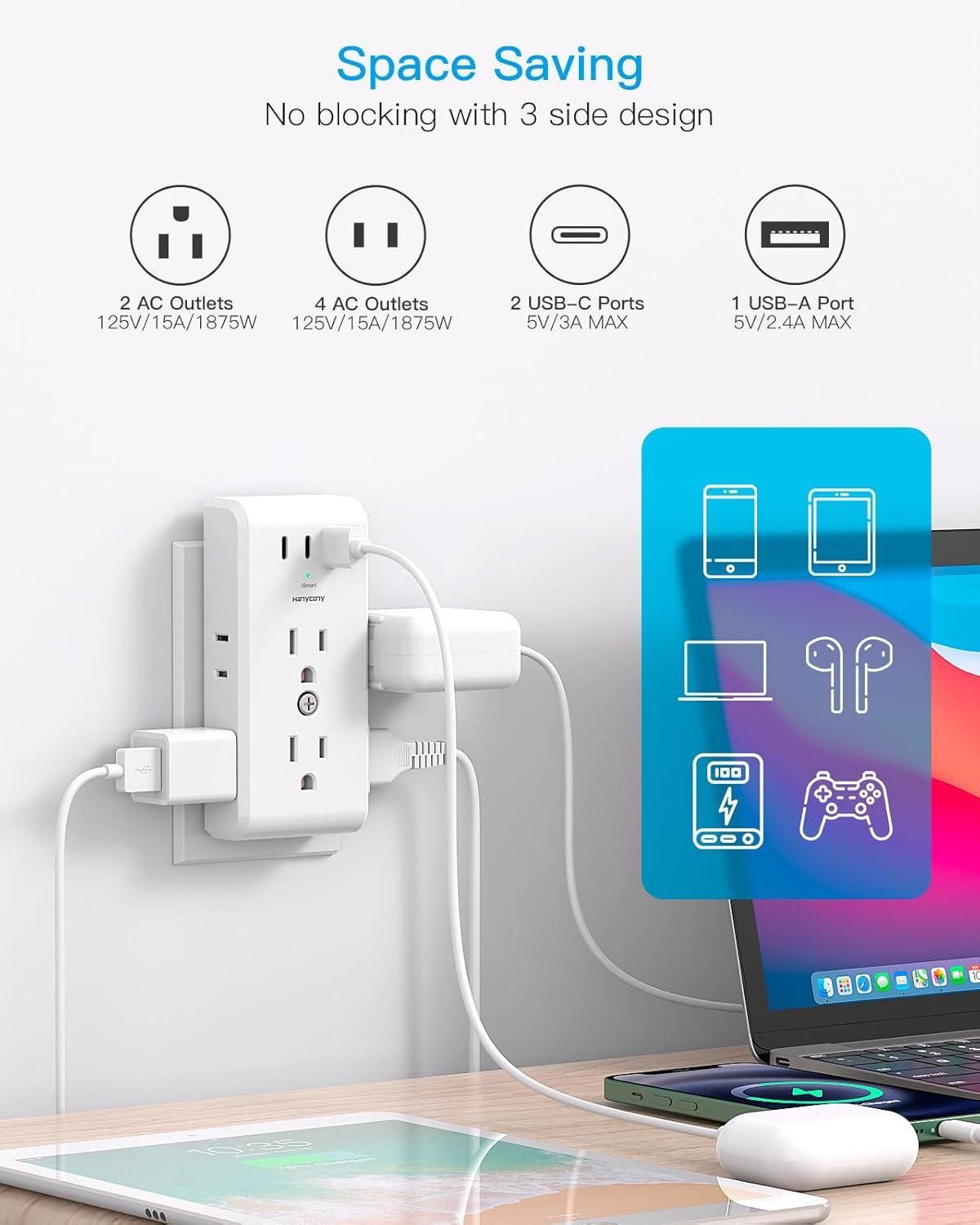 imageMulti Plug Outlet Extender HANYCONY 6 Electrical Outlet Splitter 3 USB Ports2 USB C Power Strip Multiple Wall Outlet Adapter Expander for Home Office Travel College Dorm Room Essentials White