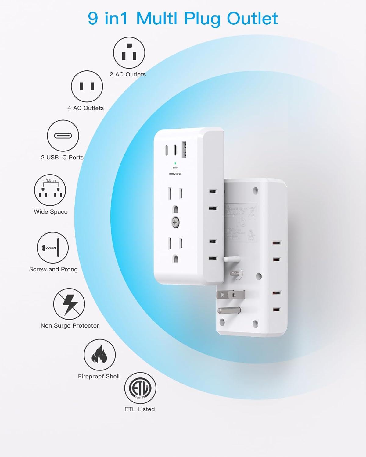imageMulti Plug Outlet Extender HANYCONY 6 Electrical Outlet Splitter 3 USB Ports2 USB C Power Strip Multiple Wall Outlet Adapter Expander for Home Office Travel College Dorm Room Essentials White