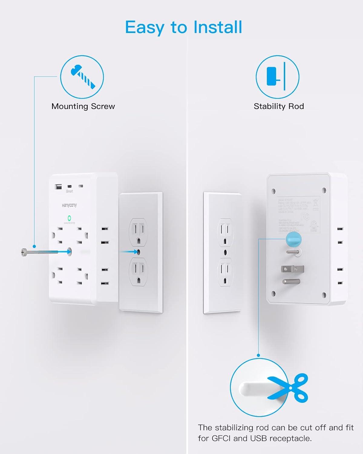 imageMulti Plug Outlet Extender with USB C Ports HANYCONY 3 Sided Power Strip Surge Protector 900J 8 Outlets Splitter 3 USB Wall Charger Wall Adapter Spaced for Home Travel Office Dorm Room ETL ListedWhite