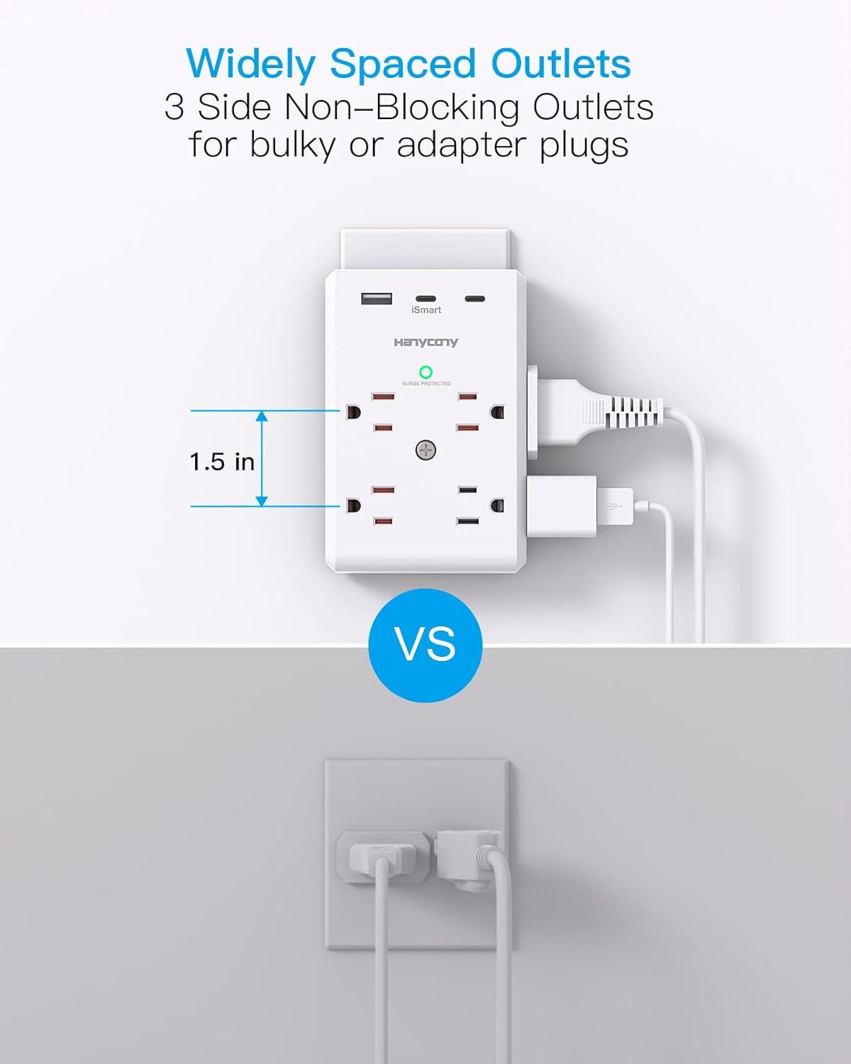 imageMulti Plug Outlet Extender with USB C Ports HANYCONY 3 Sided Power Strip Surge Protector 900J 8 Outlets Splitter 3 USB Wall Charger Wall Adapter Spaced for Home Travel Office Dorm Room ETL ListedWhite