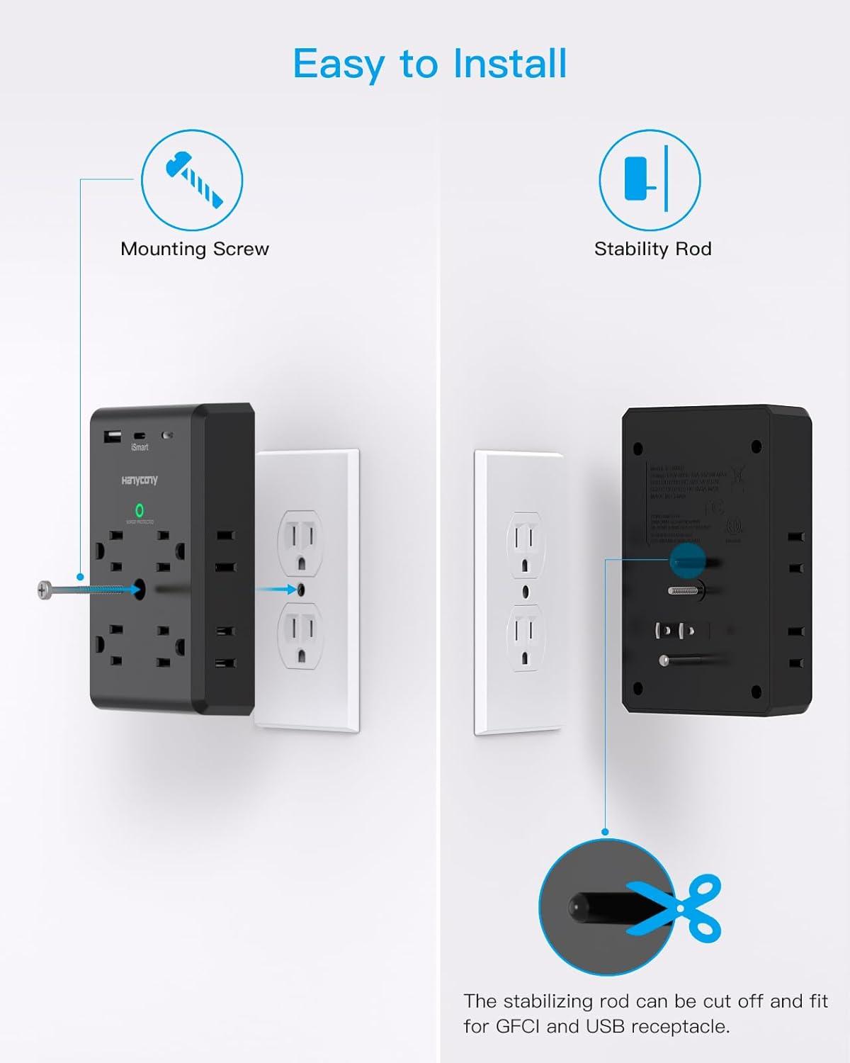 imageMulti Plug Outlet Extender with USB C Ports HANYCONY 3 Sided Power Strip Surge Protector 900J 8 Outlets Splitter 3 USB Wall Charger Wall Adapter Spaced for Home Travel Office Dorm Room ETL ListedBlack
