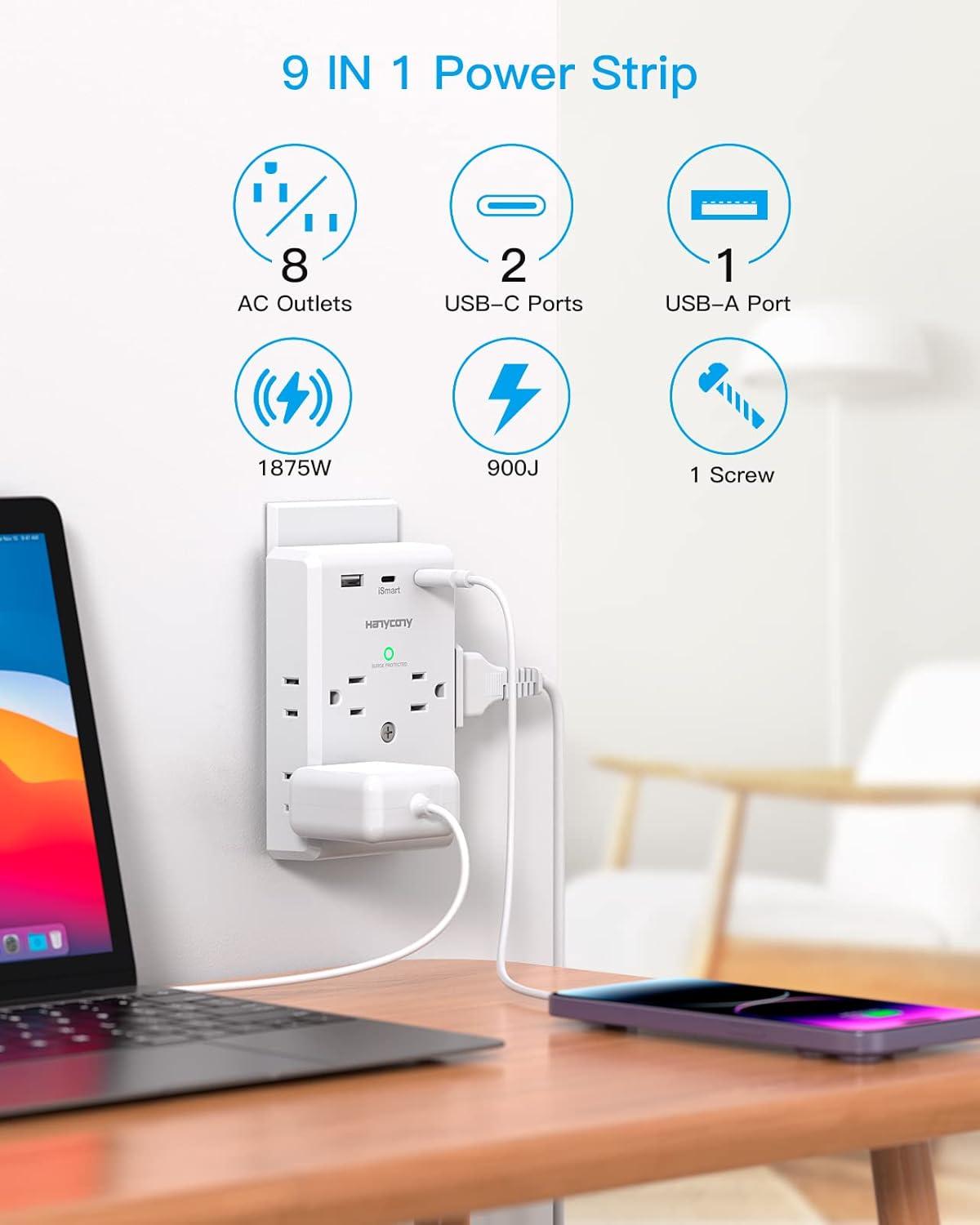 imageMulti Plug Outlet Extender with USB C Ports HANYCONY 3 Sided Power Strip Surge Protector 900J 8 Outlets Splitter 3 USB Wall Charger Wall Adapter Spaced for Home Travel Office Dorm Room ETL ListedWhite