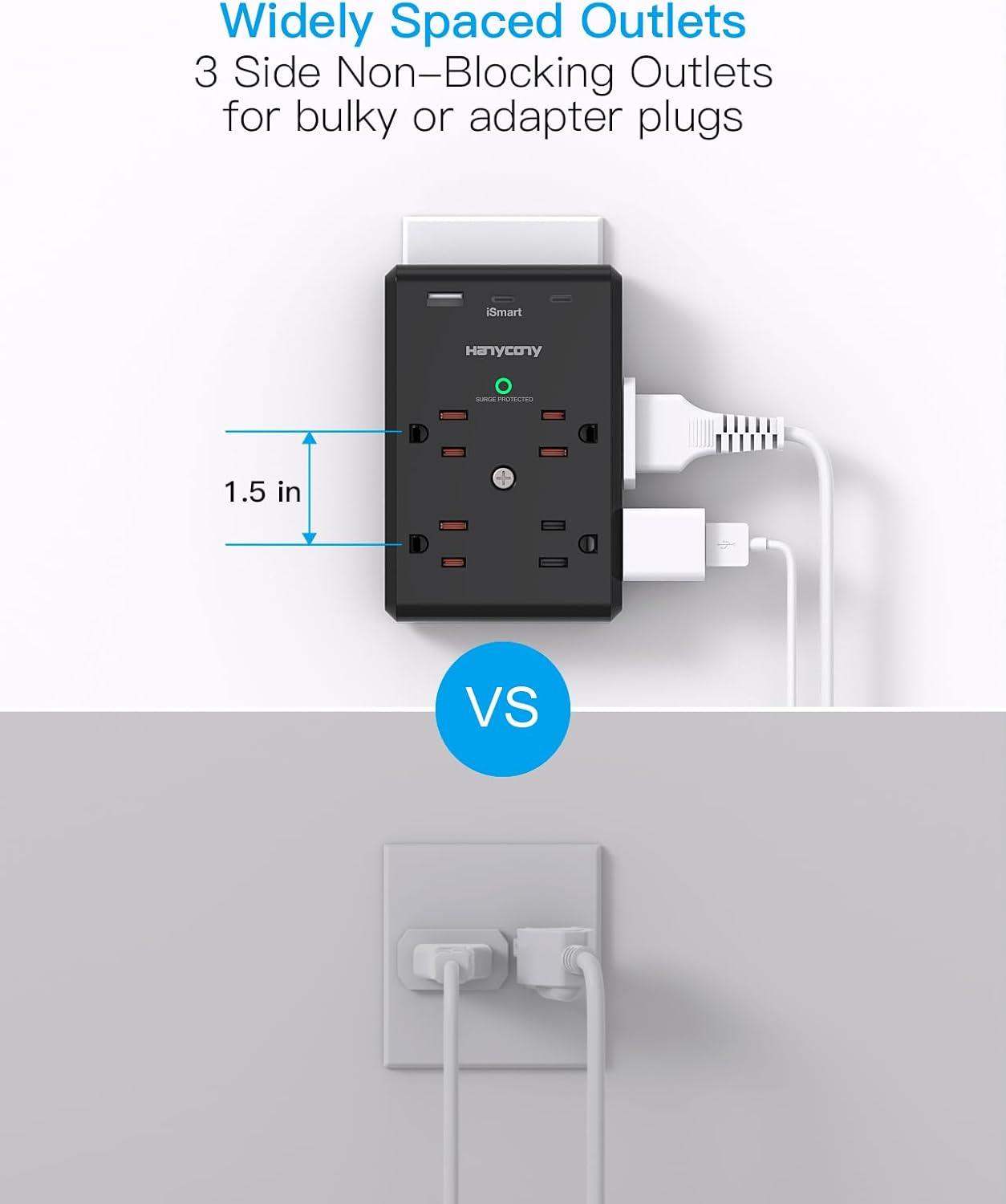imageMulti Plug Outlet Extender with USB C Ports HANYCONY 3 Sided Power Strip Surge Protector 900J 8 Outlets Splitter 3 USB Wall Charger Wall Adapter Spaced for Home Travel Office Dorm Room ETL ListedBlack