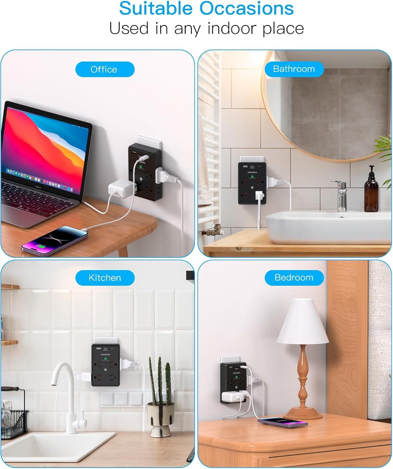 imageMulti Plug Outlet Extender with USB C Ports HANYCONY 3 Sided Power Strip Surge Protector 900J 8 Outlets Splitter 3 USB Wall Charger Wall Adapter Spaced for Home Travel Office Dorm Room ETL ListedBlack