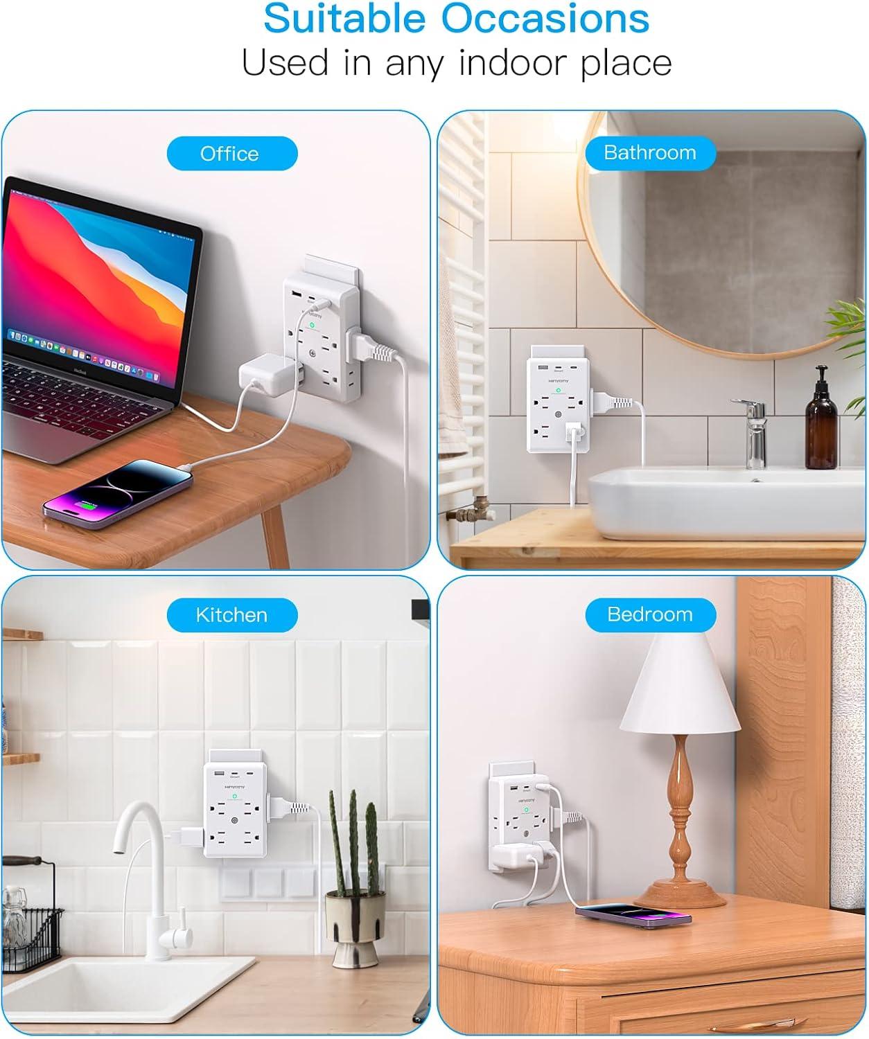 imageMulti Plug Outlet Extender with USB C Ports HANYCONY 3 Sided Power Strip Surge Protector 900J 8 Outlets Splitter 3 USB Wall Charger Wall Adapter Spaced for Home Travel Office Dorm Room ETL ListedWhite