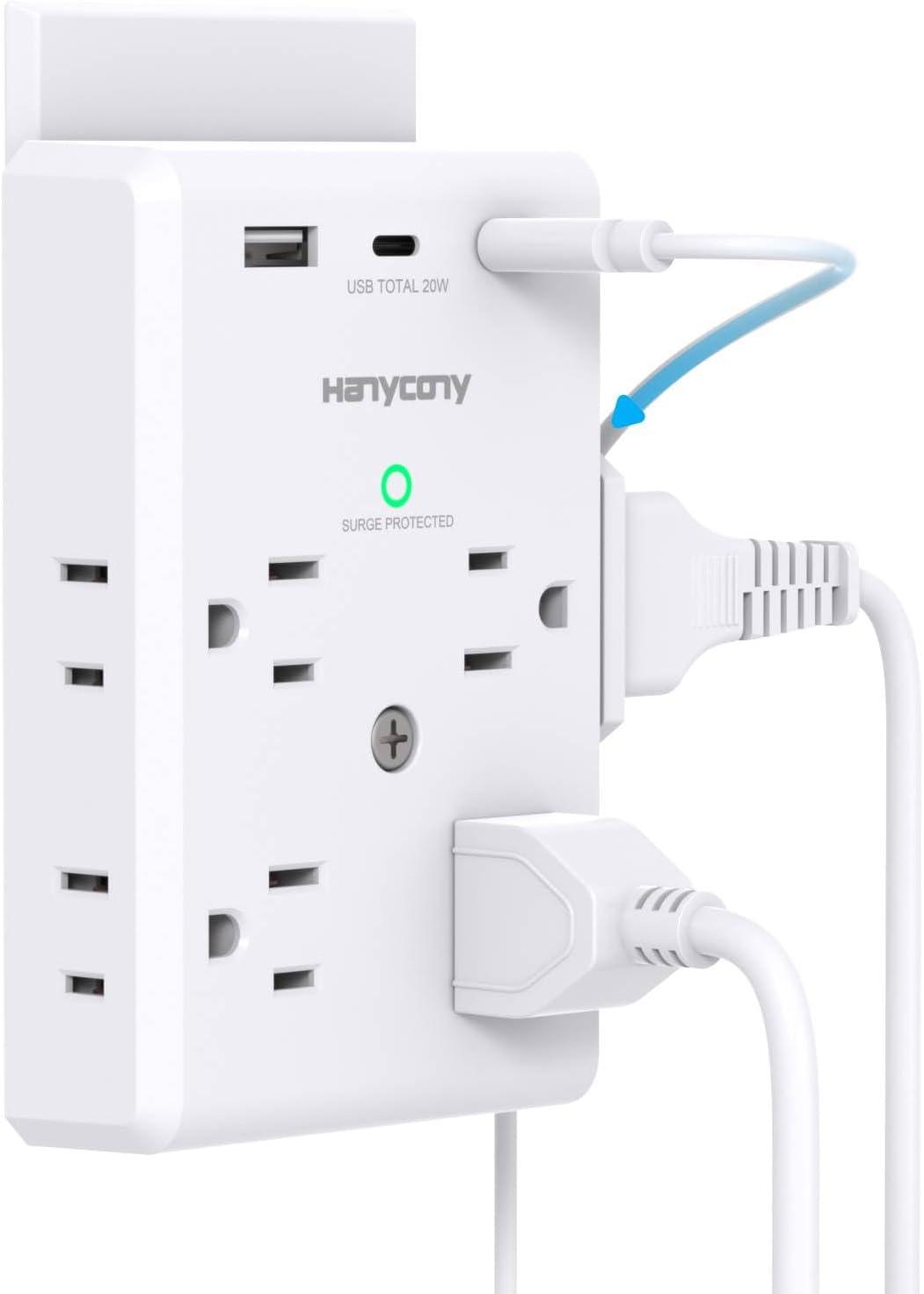 imageMulti Plug Outlet Extender with USB C Ports HANYCONY 3 Sided Power Strip Surge Protector 900J 8 Outlets Splitter 3 USB Wall Charger Wall Adapter Spaced for Home Travel Office Dorm Room ETL ListedWhite