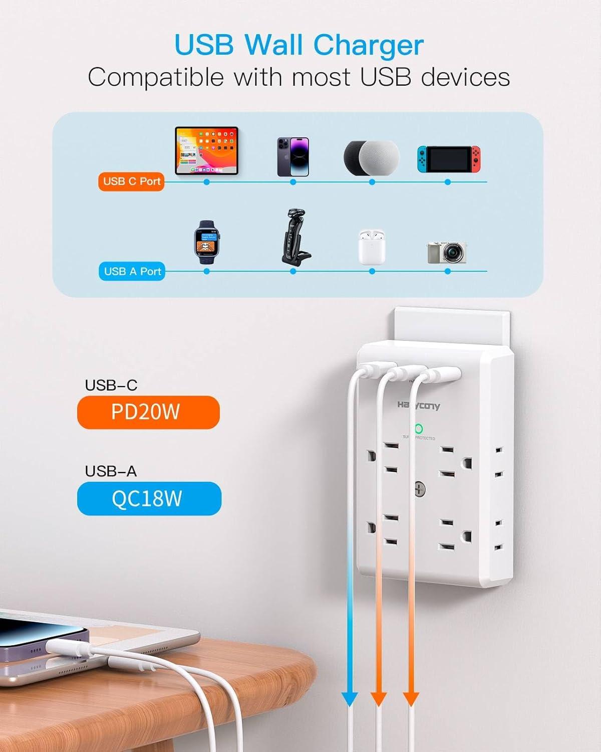 imageMulti Plug Outlet Extender with USB C Ports HANYCONY 3 Sided Power Strip Surge Protector 900J 8 Outlets Splitter 3 USB Wall Charger Wall Adapter Spaced for Home Travel Office Dorm Room ETL ListedWhite