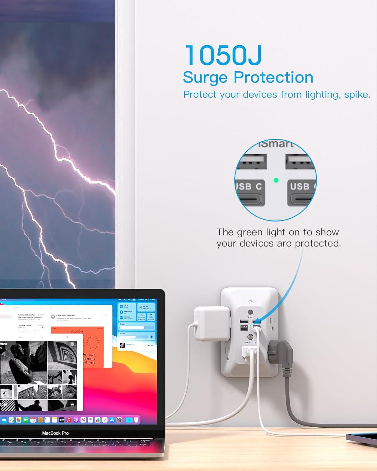 imageOutlet Extender with Night Light HANYCONY Multi Plug Outlet USB Wall Charger Surge Protector 4 USB Ports1 USB C Power Strip Electrical Outlet Splitter Expander for Home Office Dorm Room ETLWhite
