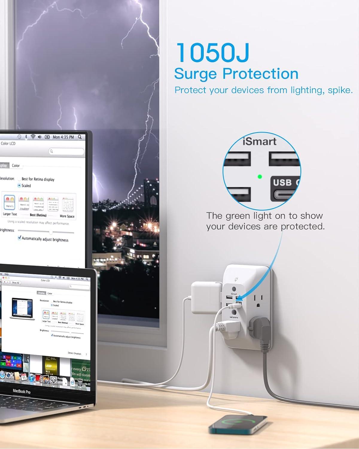 imageOutlet Extender with Night Light HANYCONY Multi Plug Outlet USB Wall Charger Surge Protector 4 USB Ports1 USB C Power Strip Electrical Outlet Splitter Expander for Home Office Dorm Room ETLWhite