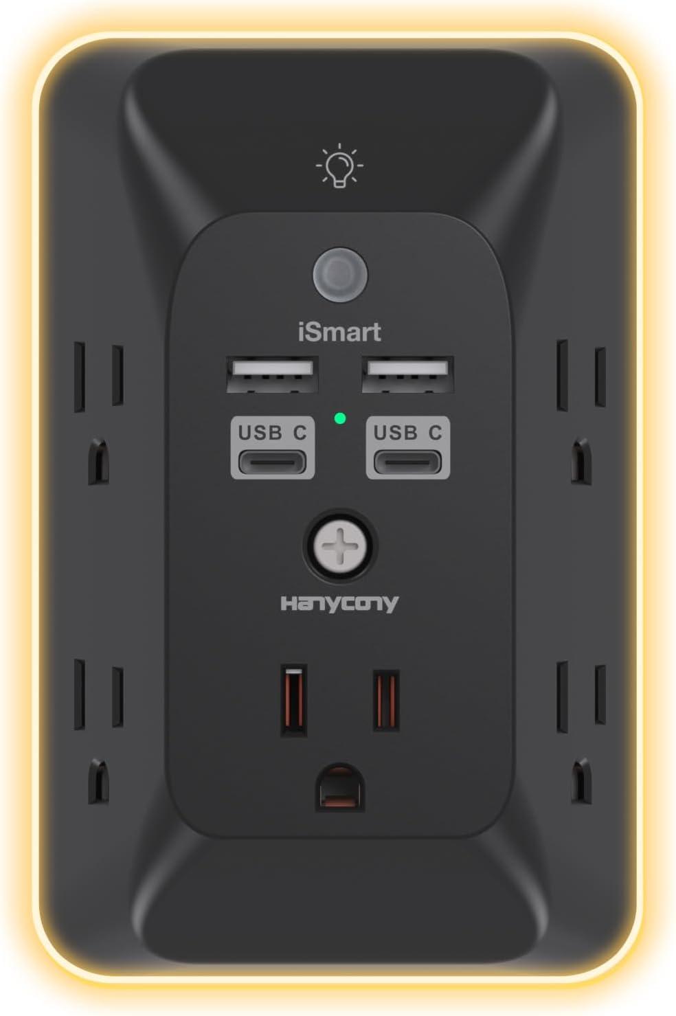 imageOutlet Extender with Night Light HANYCONY Multi Plug Outlet USB Wall Charger Surge Protector 4 USB Ports1 USB C Power Strip Electrical Outlet Splitter Expander for Home Office Dorm Room ETLBlack