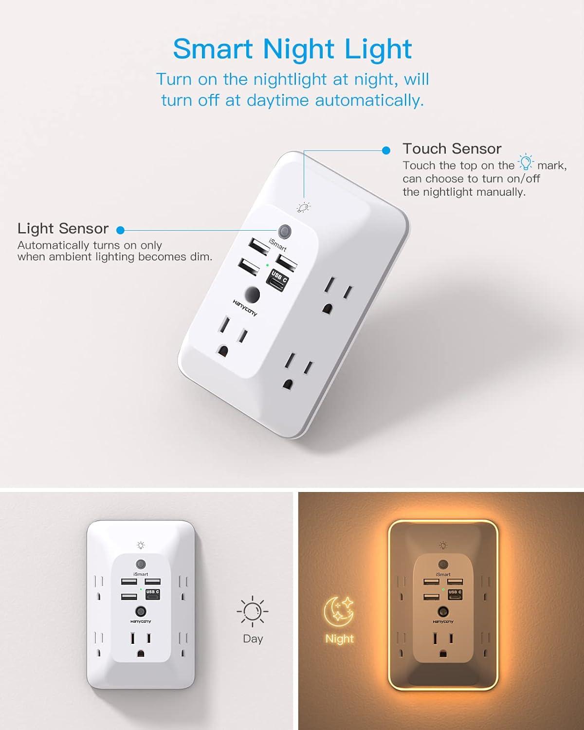 imageOutlet Extender with Night Light HANYCONY Multi Plug Outlet USB Wall Charger Surge Protector 4 USB Ports1 USB C Power Strip Electrical Outlet Splitter Expander for Home Office Dorm Room ETLWhite