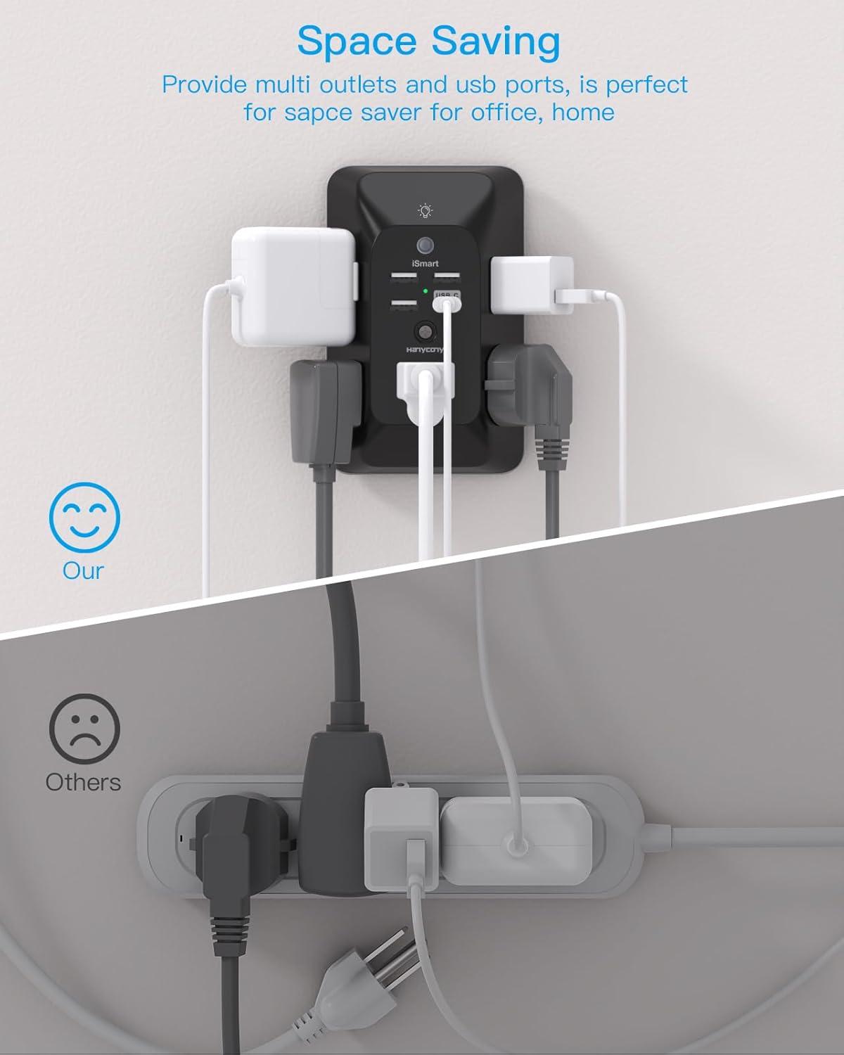 imageOutlet Extender with Night Light HANYCONY Multi Plug Outlet USB Wall Charger Surge Protector 4 USB Ports1 USB C Power Strip Electrical Outlet Splitter Expander for Home Office Dorm Room ETLBlack