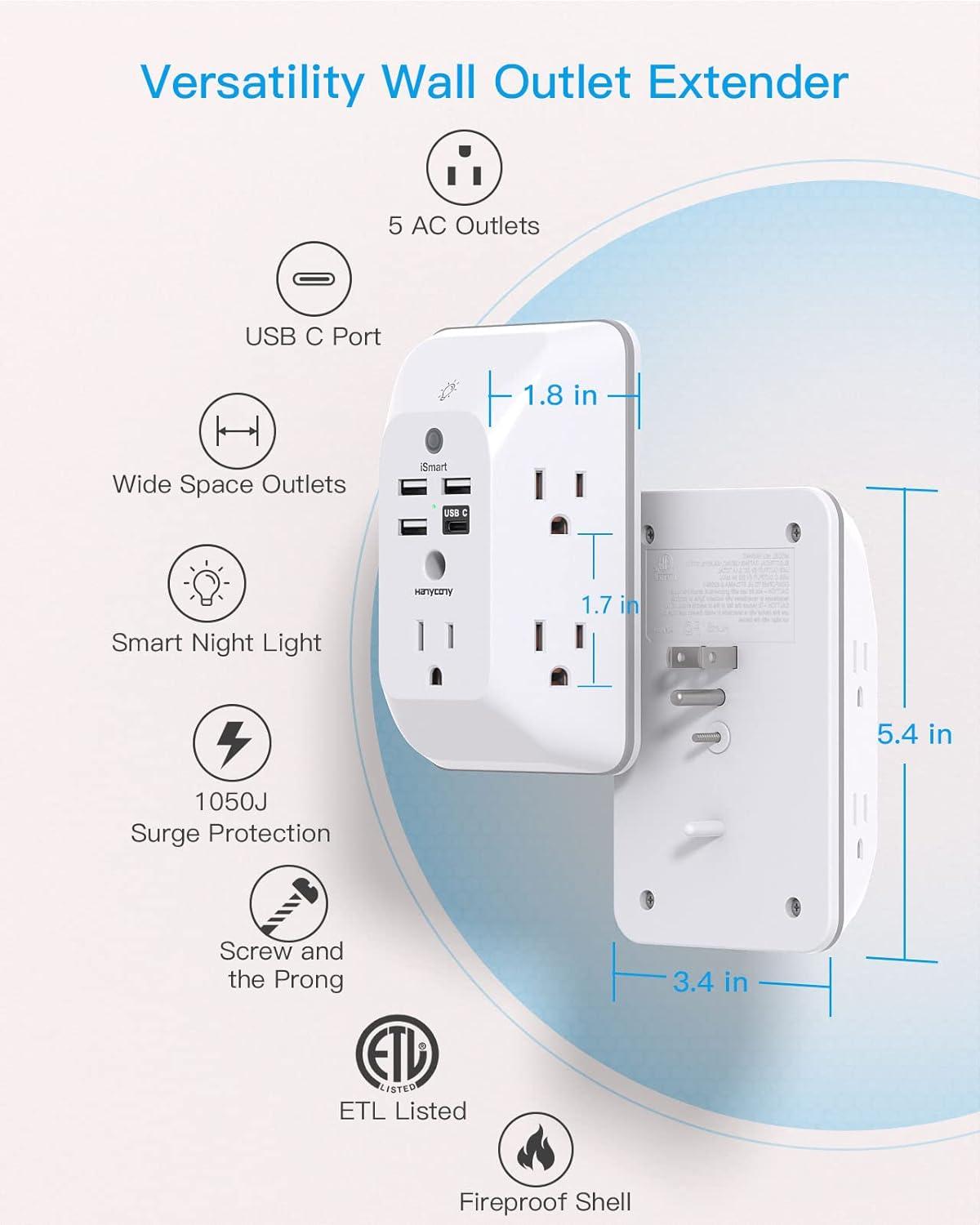 imageOutlet Extender with Night Light HANYCONY Multi Plug Outlet USB Wall Charger Surge Protector 4 USB Ports1 USB C Power Strip Electrical Outlet Splitter Expander for Home Office Dorm Room ETLWhite
