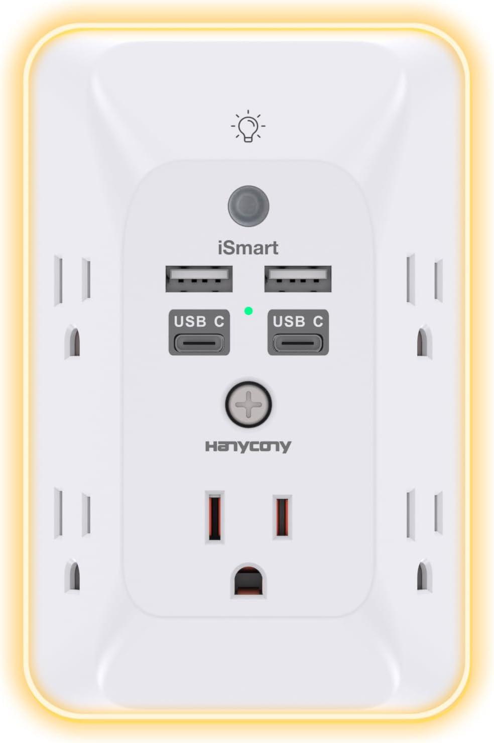 imageOutlet Extender with Night Light HANYCONY Multi Plug Outlet USB Wall Charger Surge Protector 4 USB Ports1 USB C Power Strip Electrical Outlet Splitter Expander for Home Office Dorm Room ETLWhite