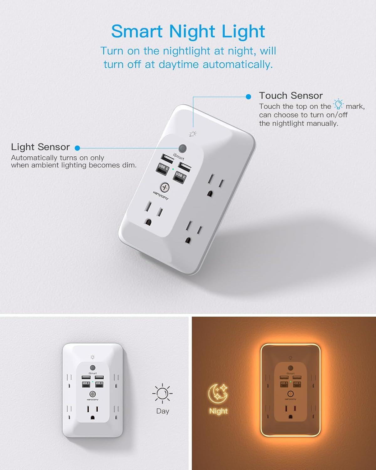 imageOutlet Extender with Night Light HANYCONY Multi Plug Outlet USB Wall Charger Surge Protector 4 USB Ports1 USB C Power Strip Electrical Outlet Splitter Expander for Home Office Dorm Room ETLWhite
